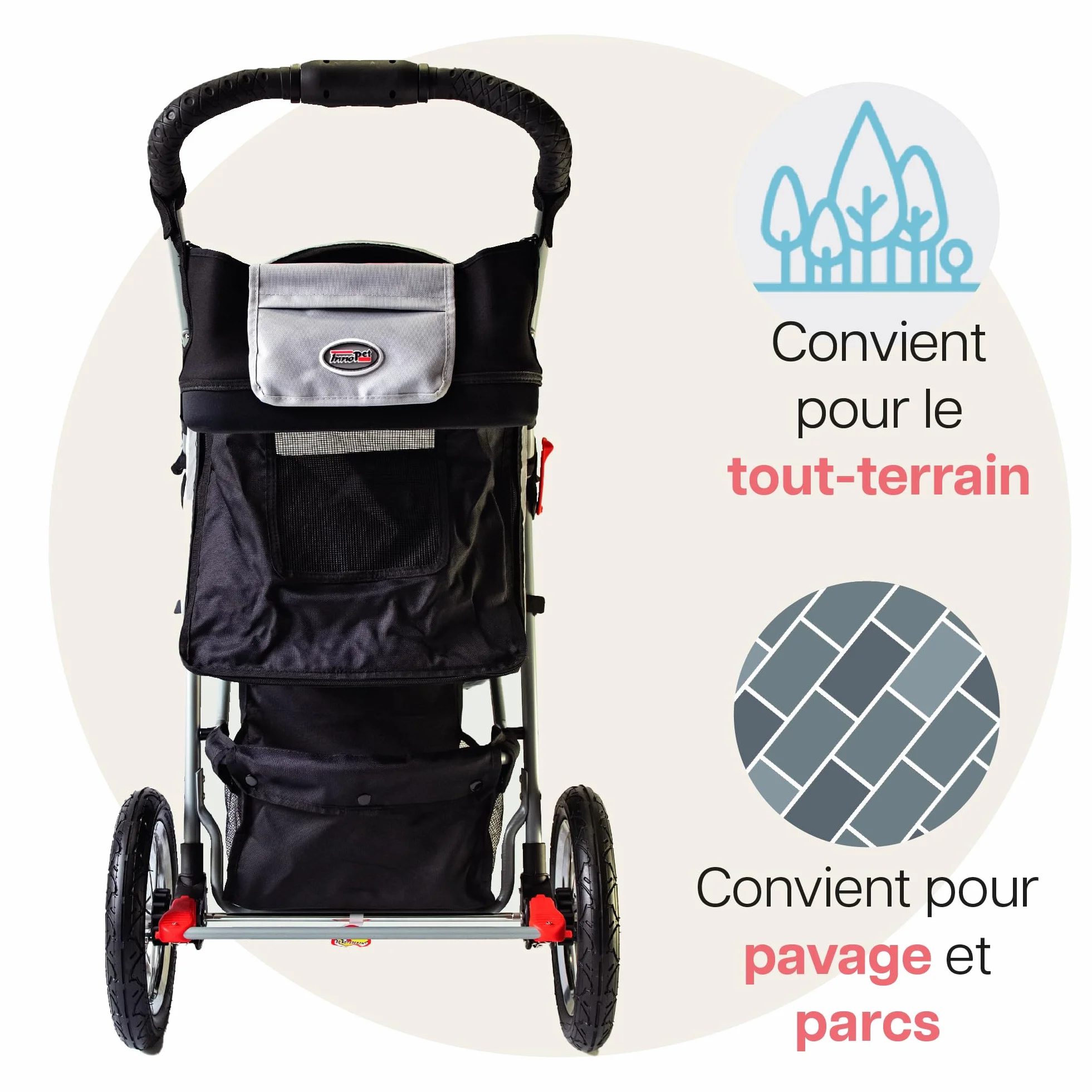 Poussette Innopet Comfort Air Eco pour chiens et chats, noir/argent - 12 pouces pneus pneumatiques - Pliable une main - Organiseur - Tissu nylon recyclé
