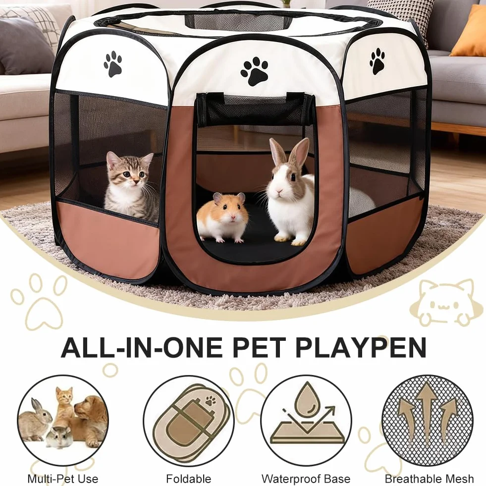 Parc pour chiots pliable 74 x 74 x 43 cm portable intérieur extérieur Marron café