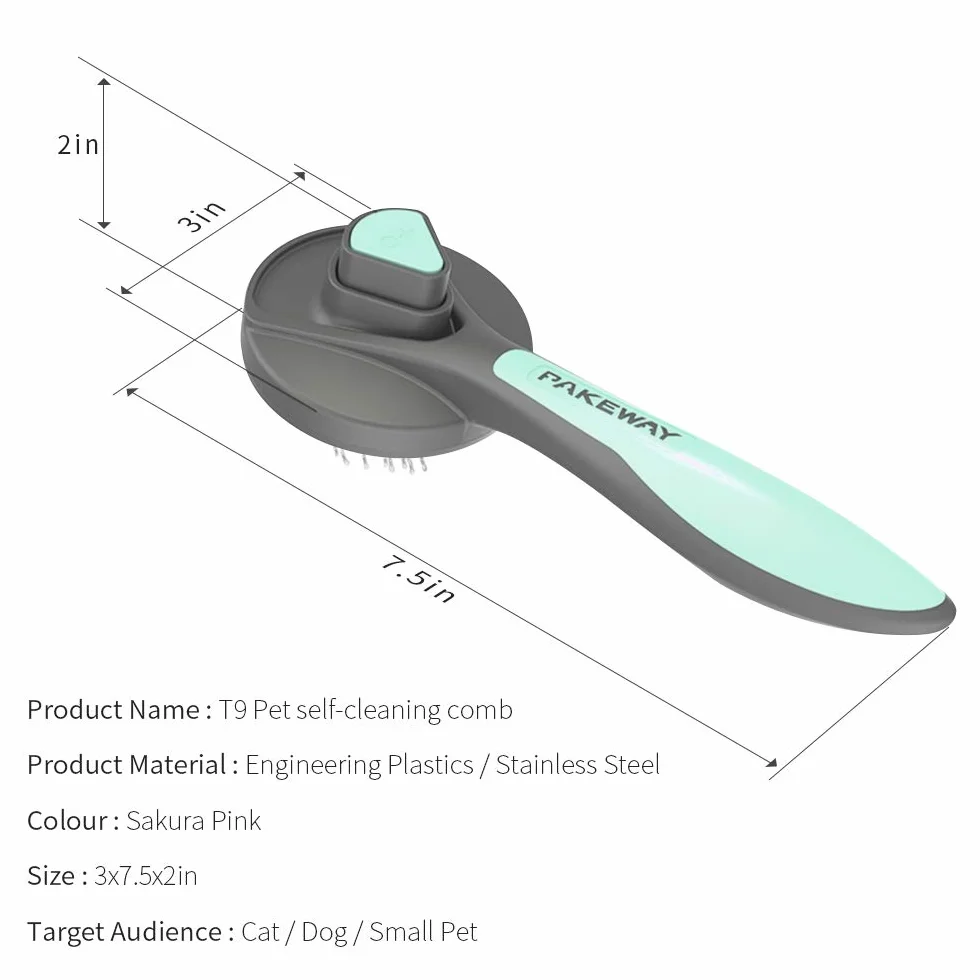 Brosse autonettoyante pour chat et chien PAKEWAY, bouton de déverrouillage, adaptée chatons animaux poils courts moyens longs vert