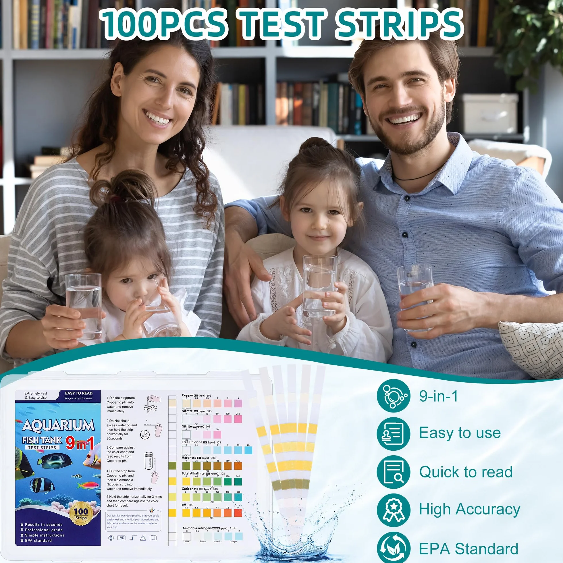 9 en 1 Bandelettes de Test pour Aquarium, Test d'eau Aquariophilie - Ammoniac, Nitrate, Nitrite, Chlore, pH, Dureté, Alcalinité, Cu - 100 Pièces