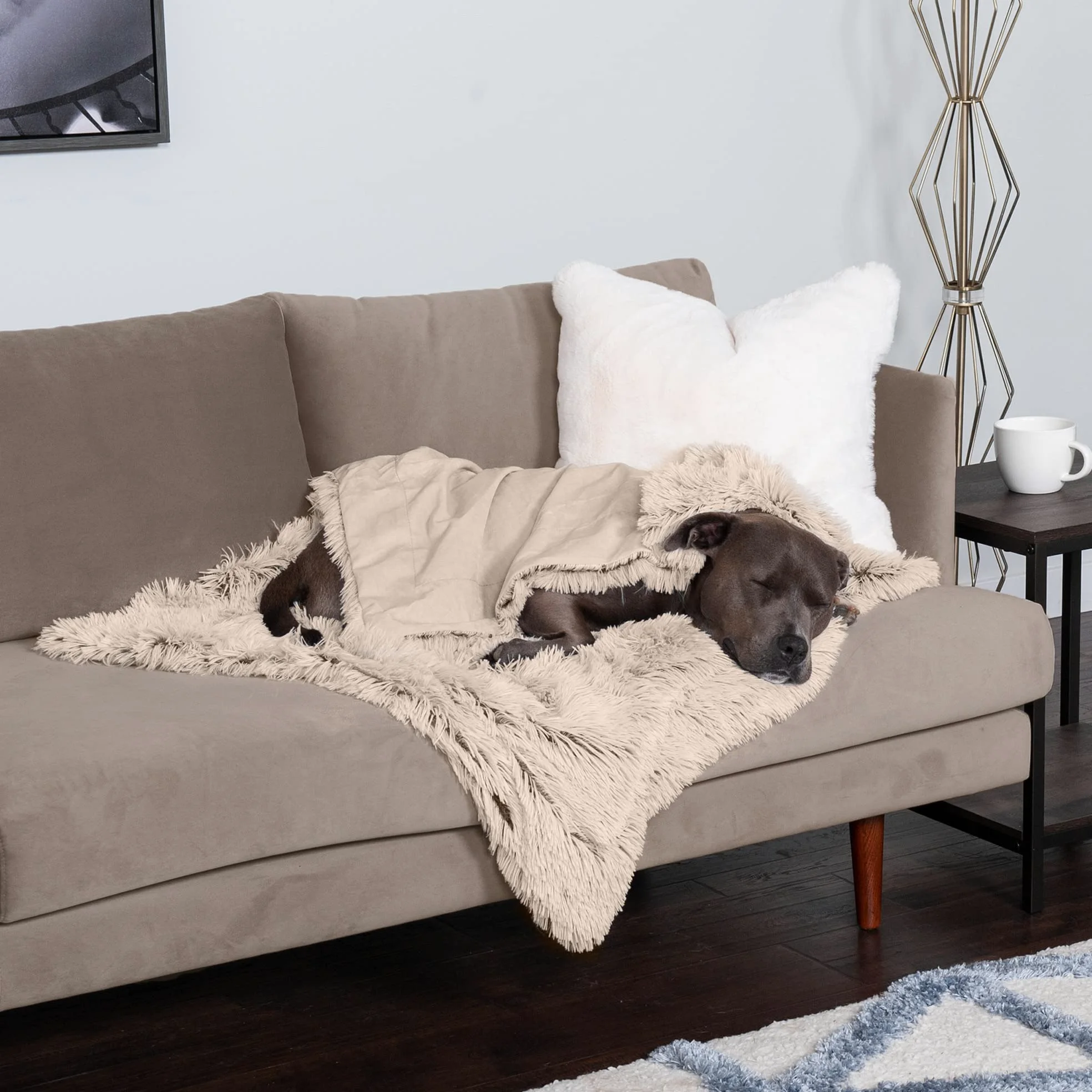Furhaven Large Waterproof Calming Plush Long Faux Fur & Velvet Dog Blanket, Washable - Taupe, Large