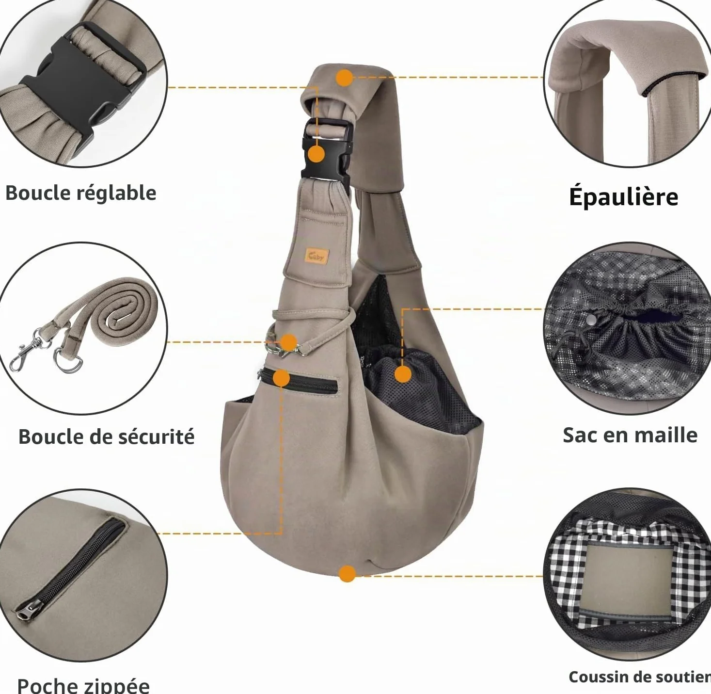 CUBY Sac de transport pour chiot réglable et réversible bandoulière protection ceinture sécurité poche zippée