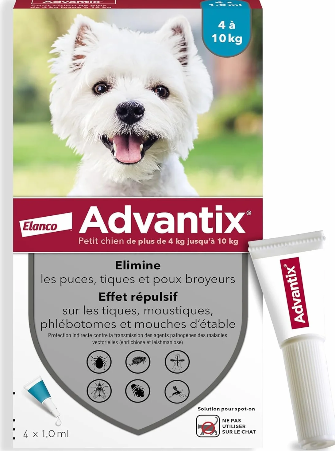 Advantix Petit Chien 4-10 kg Pipettes anti-parasites 6 parasites Protection 4 semaines 4 x 1,0 ml