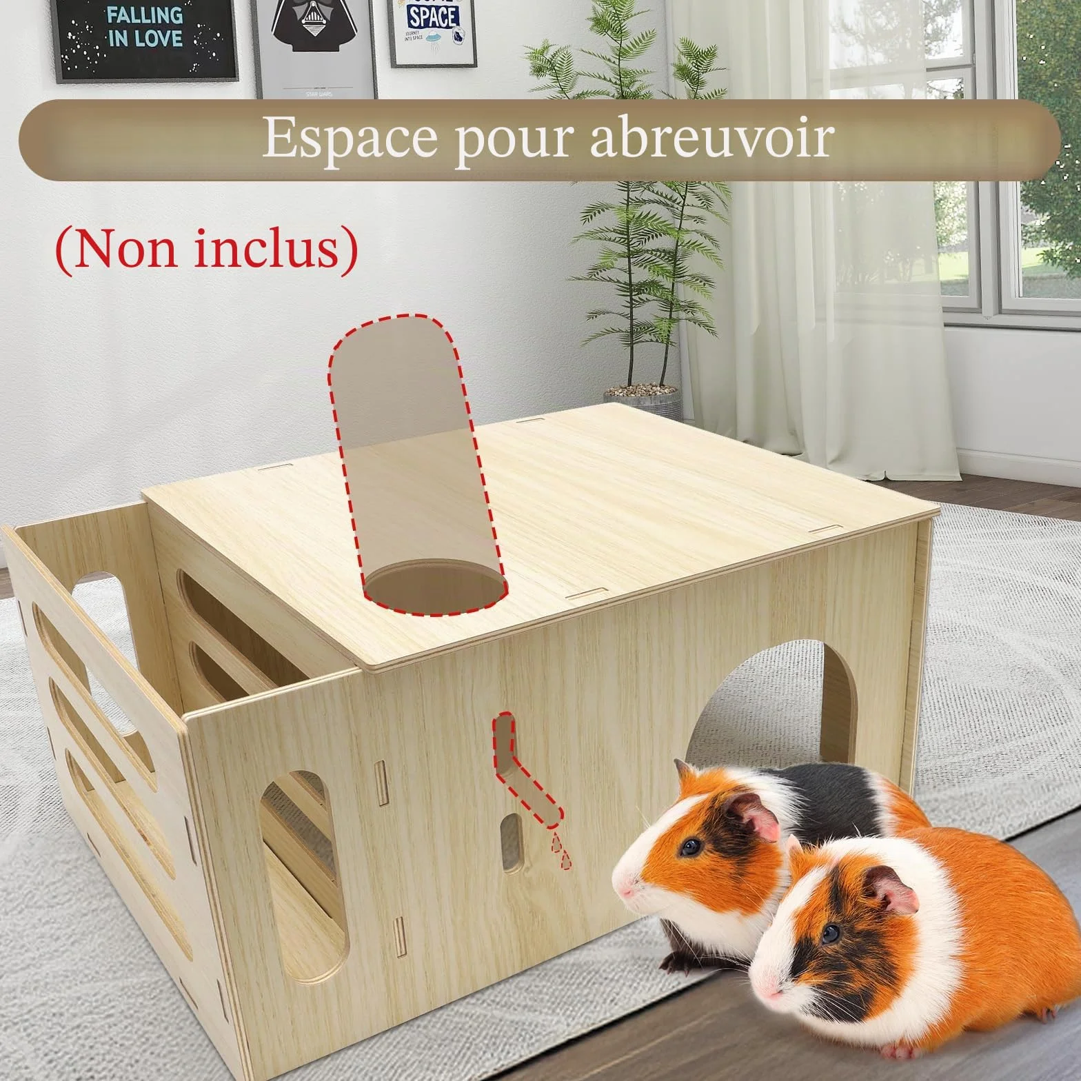 Maisonnette avec Mangeoire à Foin pour Lapin, 2 en 1 Cabane Cochon d'Inde en Bois pour Petits Animaux