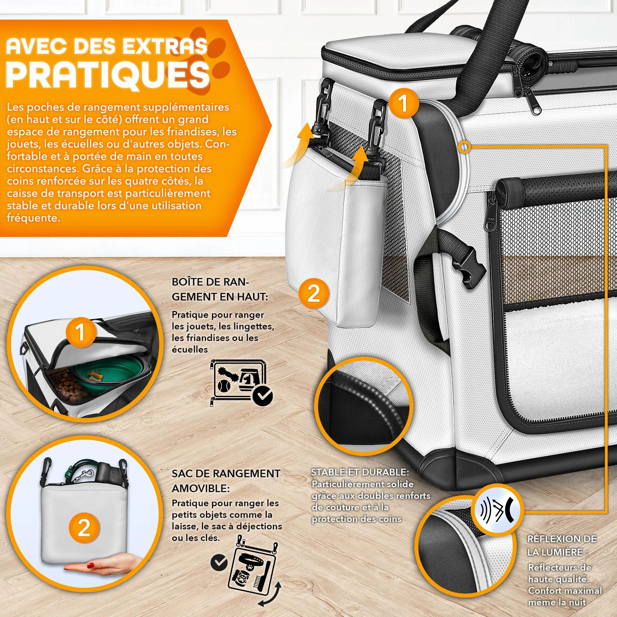 TRESKO Caisse de transport pliable pour chiens et chats, taille M, 61 x 42 x 42 cm, gris