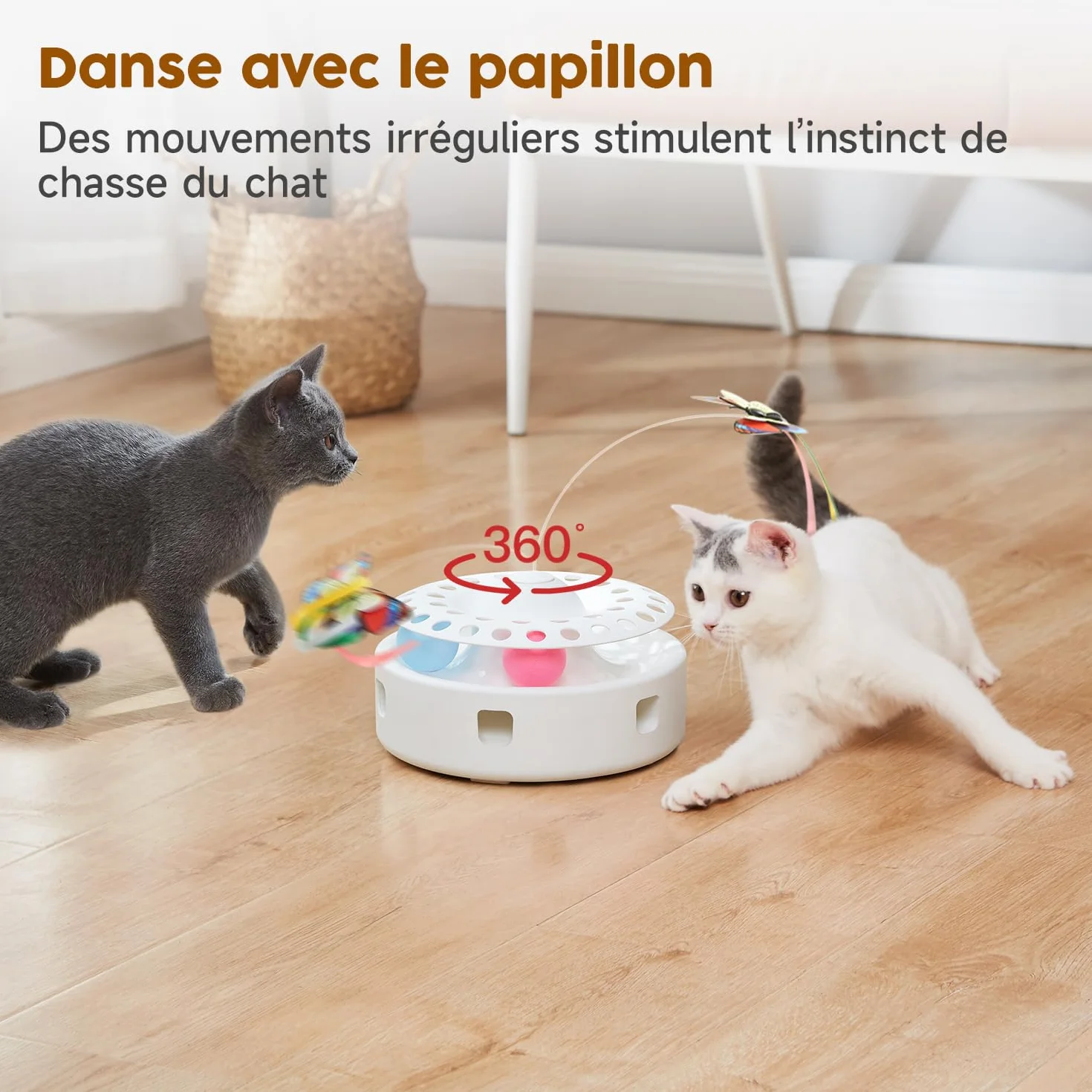 Potaroma Jouet Interactif Automatique 3-en-1 pour Chats d'Intérieur – Plumes Mobiles, Papillon Volant & Balles de Piste, Double Alimentation USB ou Piles