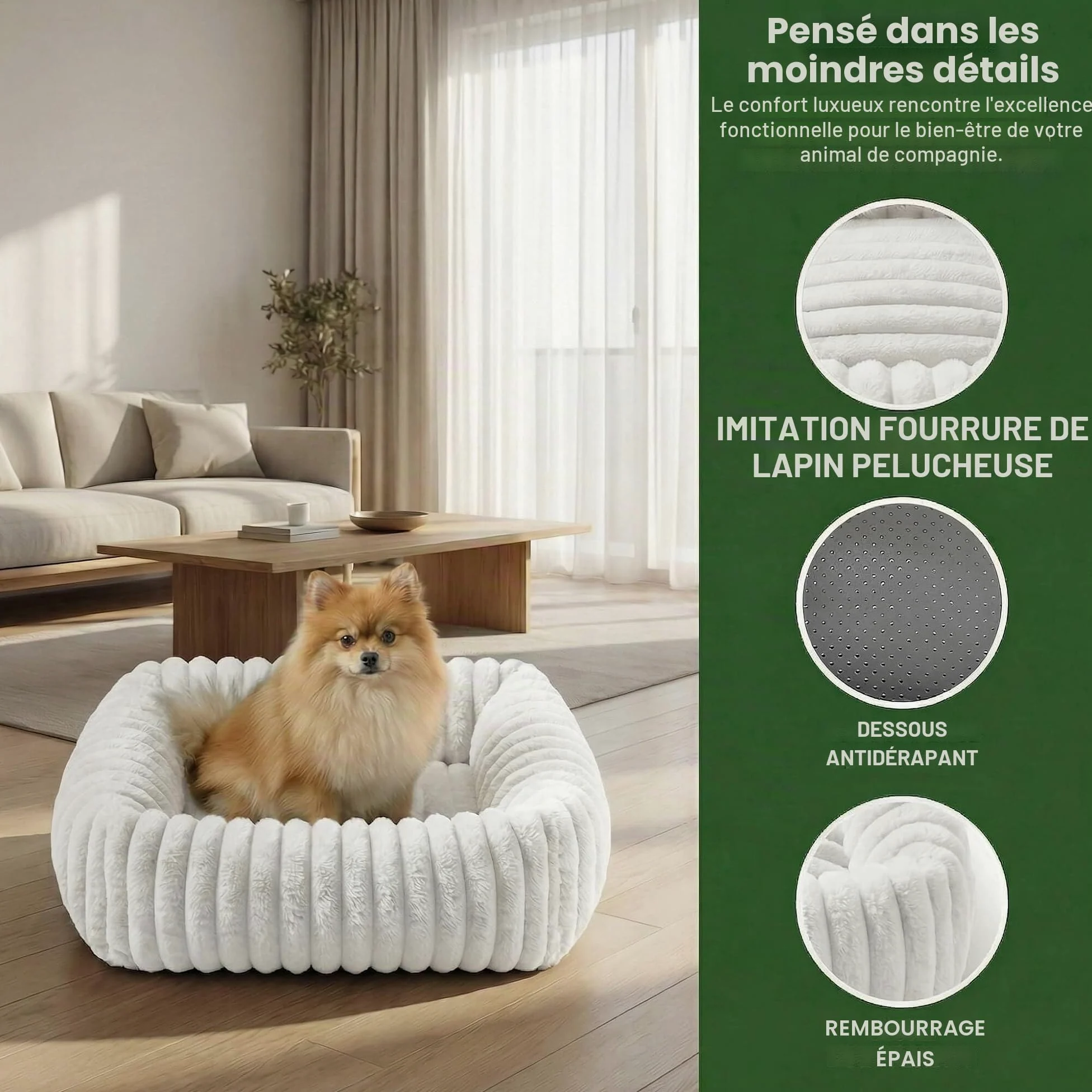 Panier pour Chien 63x53x18cm, Fausse Fourrure Lapin, Blanc | Pour petits et moyens chiens, motif ondulé, douce au toucher, housse déhoussable et lavable, confortable