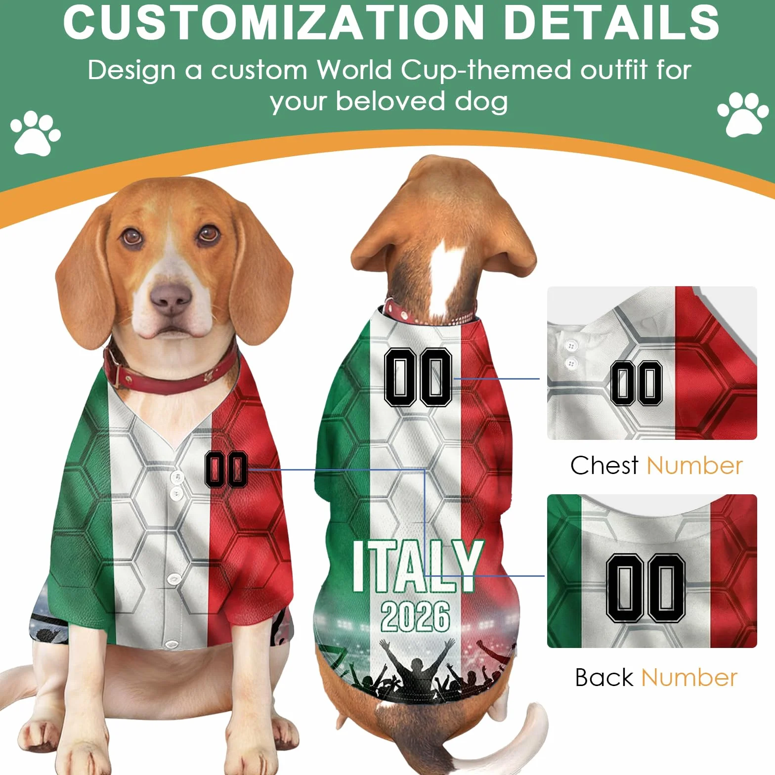 Maillot de Foot Personnalisé Coupe du Monde 2026 pour Chien, Col V, Tricolore