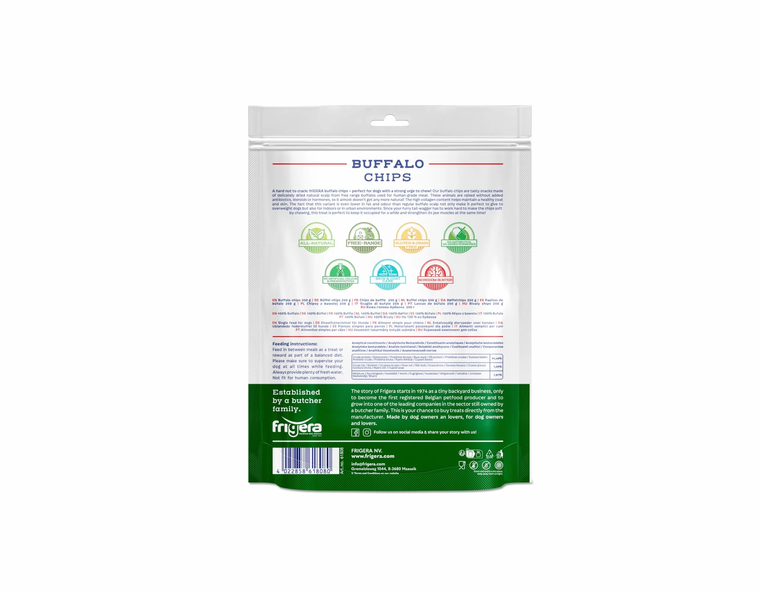 Frigera Chips de Buffle 250g Friandises Naturelles Riches en protéines pour Chiens sans Gluten ni céréales