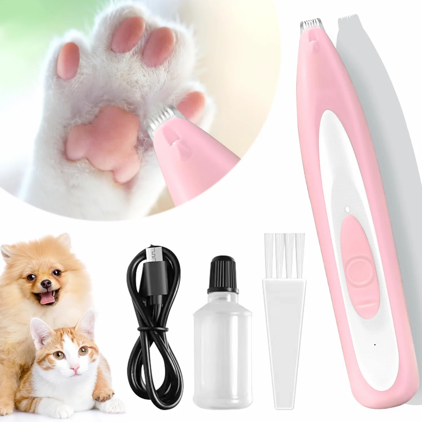 Tondeuse Chat Chien Rechargeable USB Faible Bruit Lumière LED Rose Toilettage Pattes Oreilles Croupe