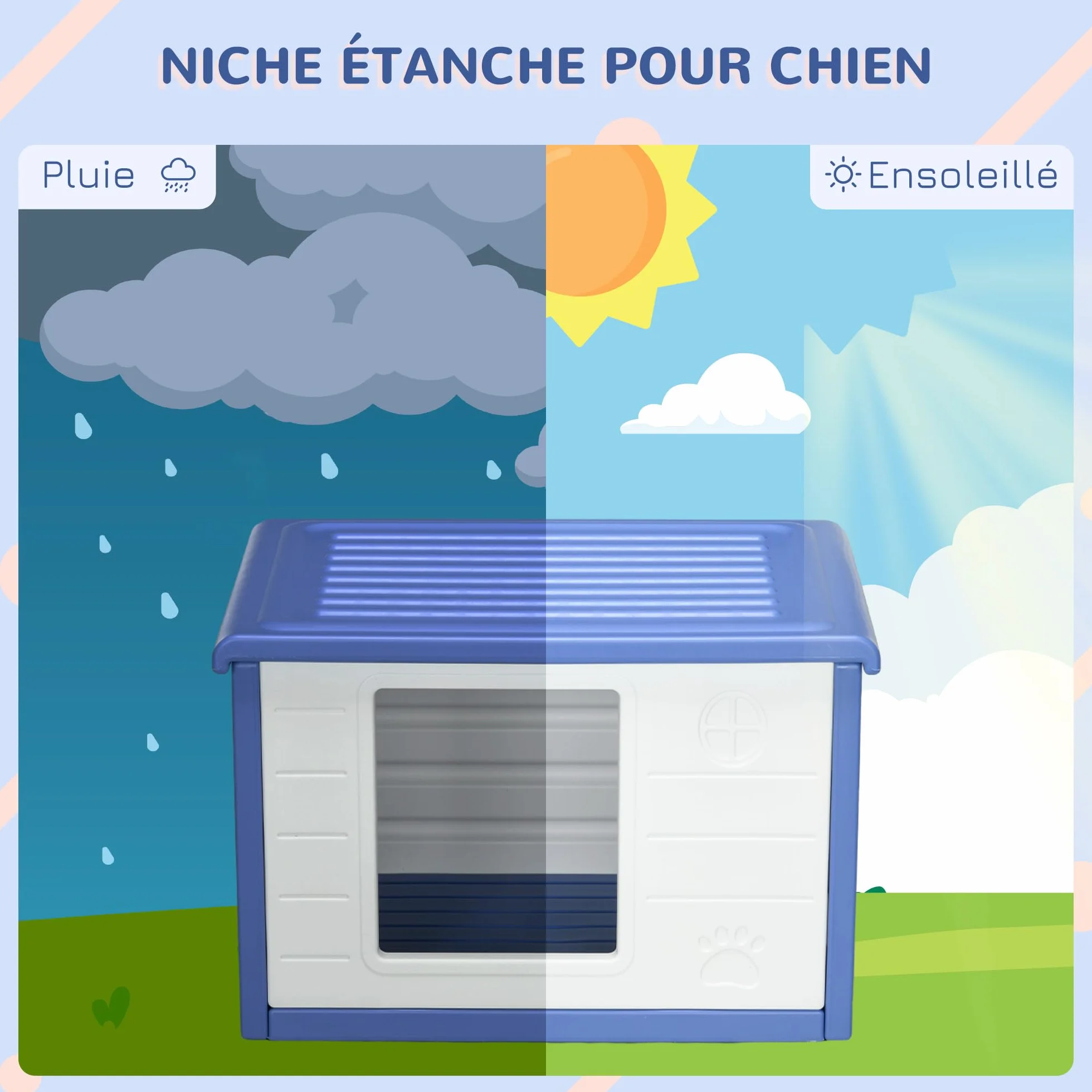 PawHut Niche pour Chien extérieure abri en Plastique résistante à l'eau 60x42x40 cm Bleu Blanc