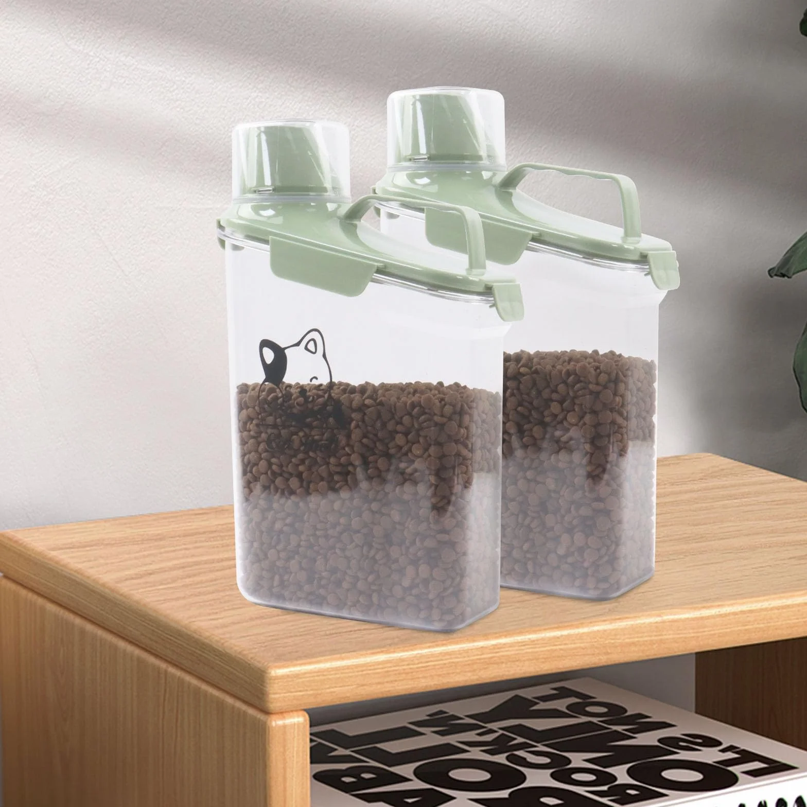 Boîte de rangement nourriture chat 2,8 l transparente avec gobelet doseur et bec verseur, Vert