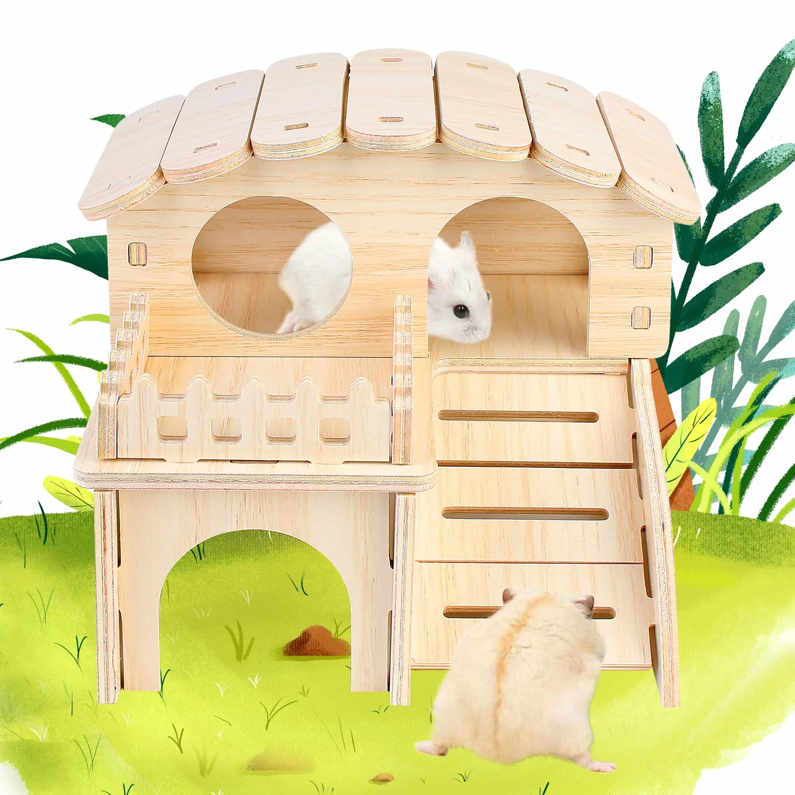 Maison Hamster,Maison en Bois pour Hamster,2 Etages Maisonnette pour Hamster,Hamster Maison d'angle,Jouet pour Hamster,Maison Cochon d'inde,Accessoire Hamster pour Hamster Nain Cochon Gerbille Rongeu