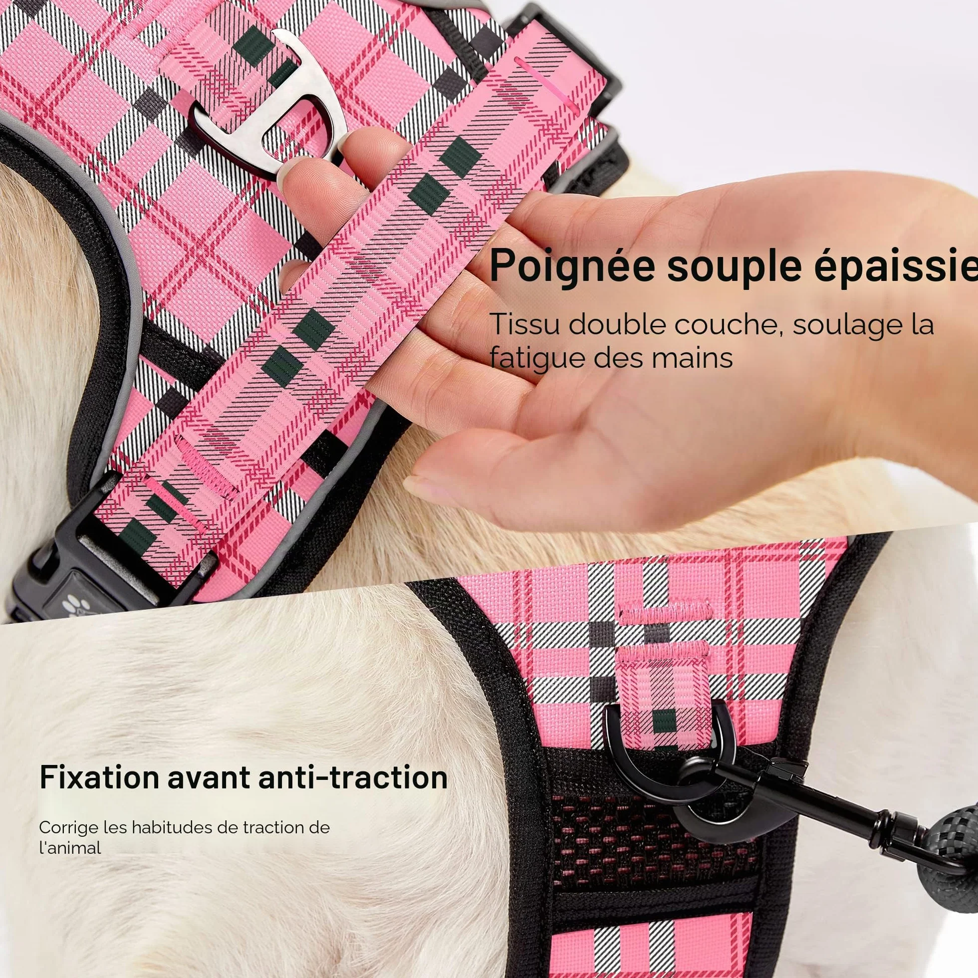 NESTROAD Harnais Anti Traction Chien Moyen Rose Plaid Taille M 33~43CM 43~64CM
