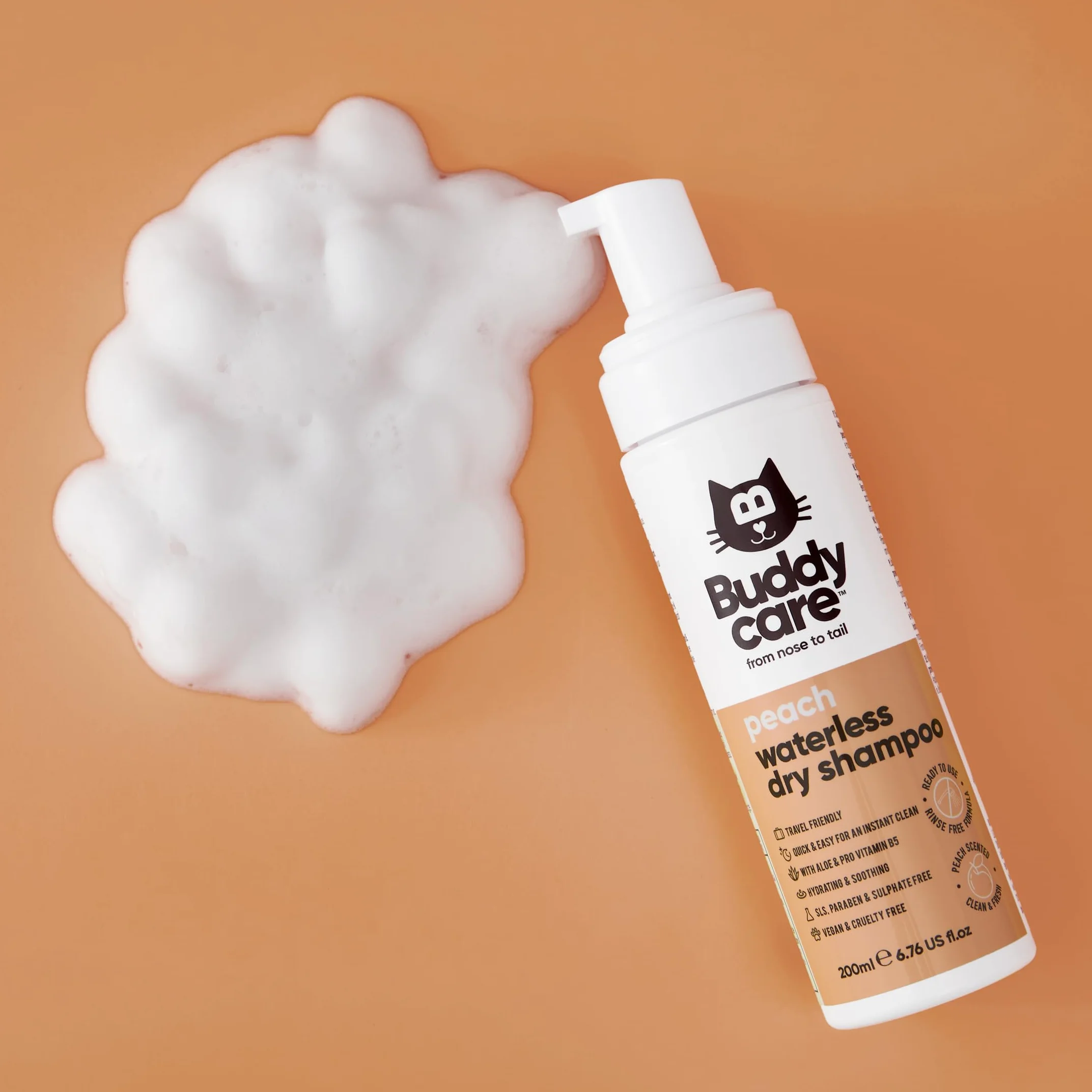 Buddycare Shampooing Sec sans Rinçage pour Chat à la Pêche 200ml avec Aloe Vera et Pro-Vitamine B5