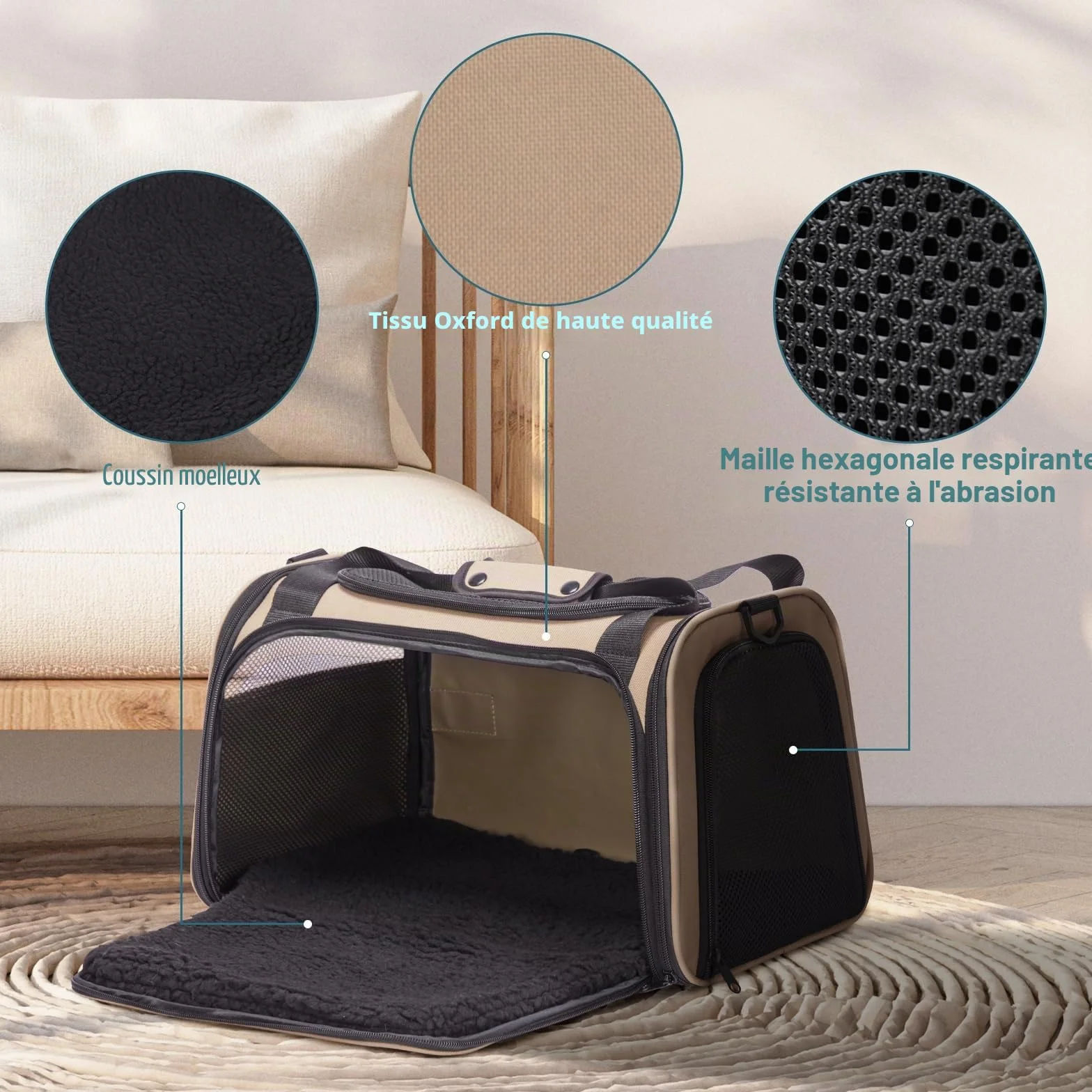 Petsfit Sac de Transport pour Chat et Petit Chien Léger avec Matelas Extensible et Sangle de Sécurité Pliable Aéré Kaki
