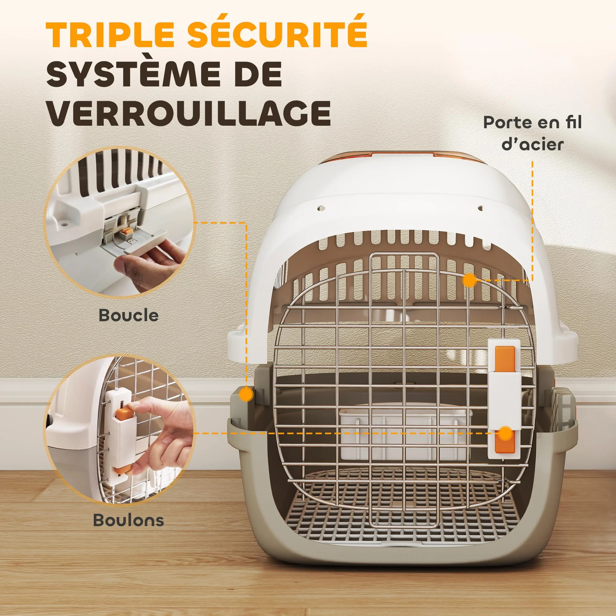 PawHut Caisse de Transport Chat et Chien jusqu'à 4 kg, 49 x 32 x 31 cm, Gris et Crème