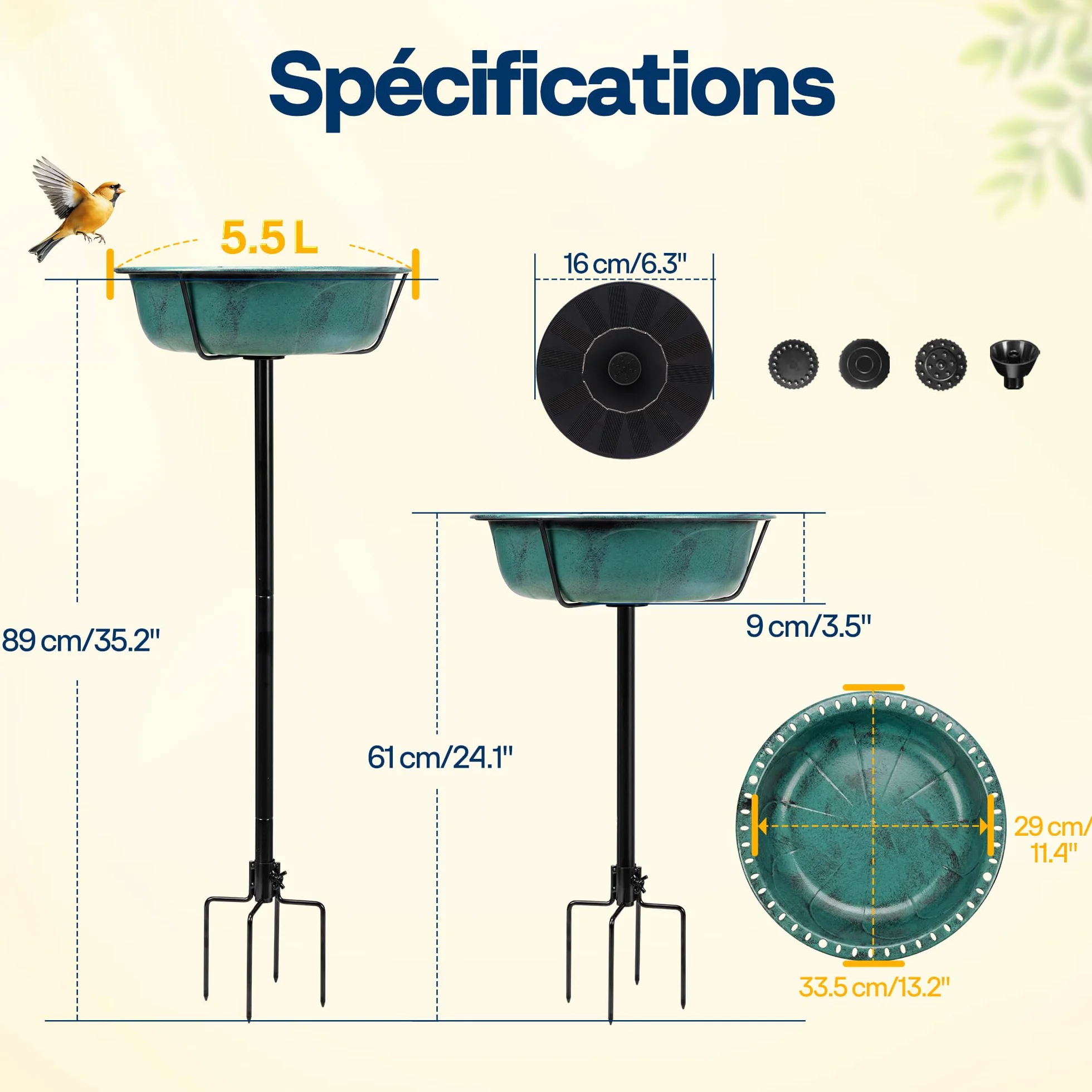 VIVOHOME Fontaine Solaire pour Bain d'oiseaux en Polyresine 74cm Mangeoire Extérieure sur Pied avec Tige en Métal