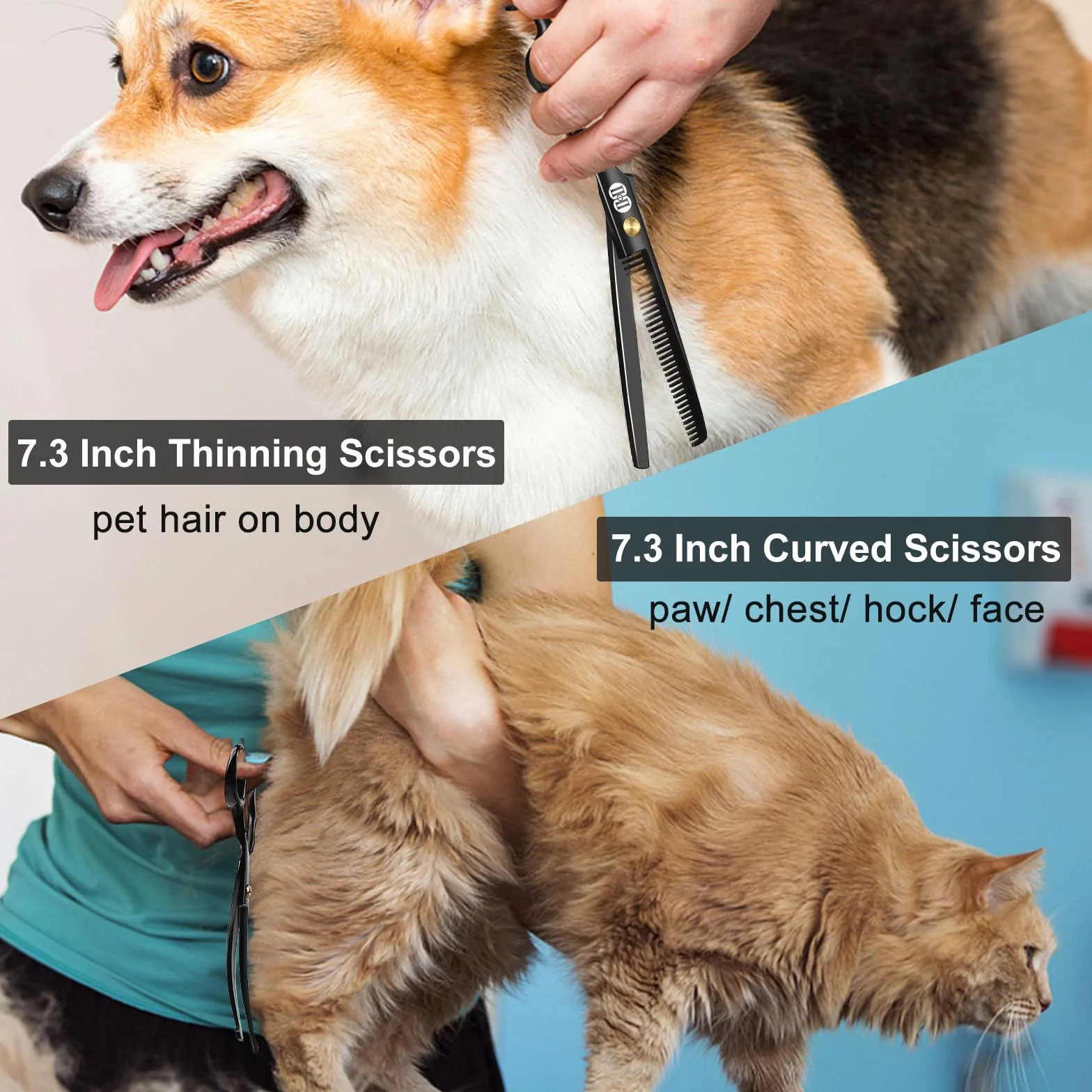CIICII Ciseaux Toilettage Chien Professionnel, 7 Pouces Ciseaux Chien Toilettage avec Embouts de Sécurité Ronds (Ciseau Coupe Poils/Chat avec Ciseau Courbes) pour Domicile Salon Bricolage (Noir)