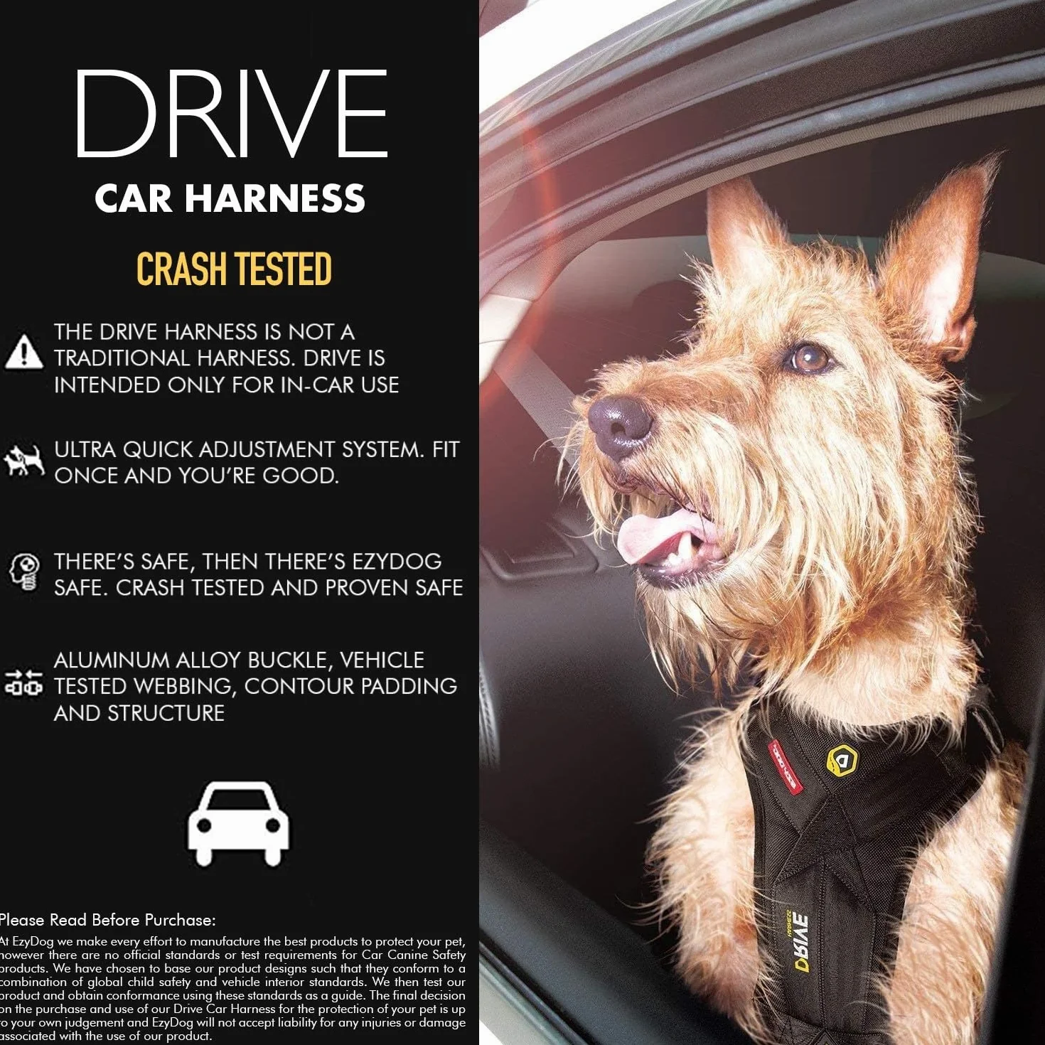 EzyDog Harnais de sécurité Drive pour Chien – Harnais Voiture testé en Crash-Test, Ajustable (L, Noir)