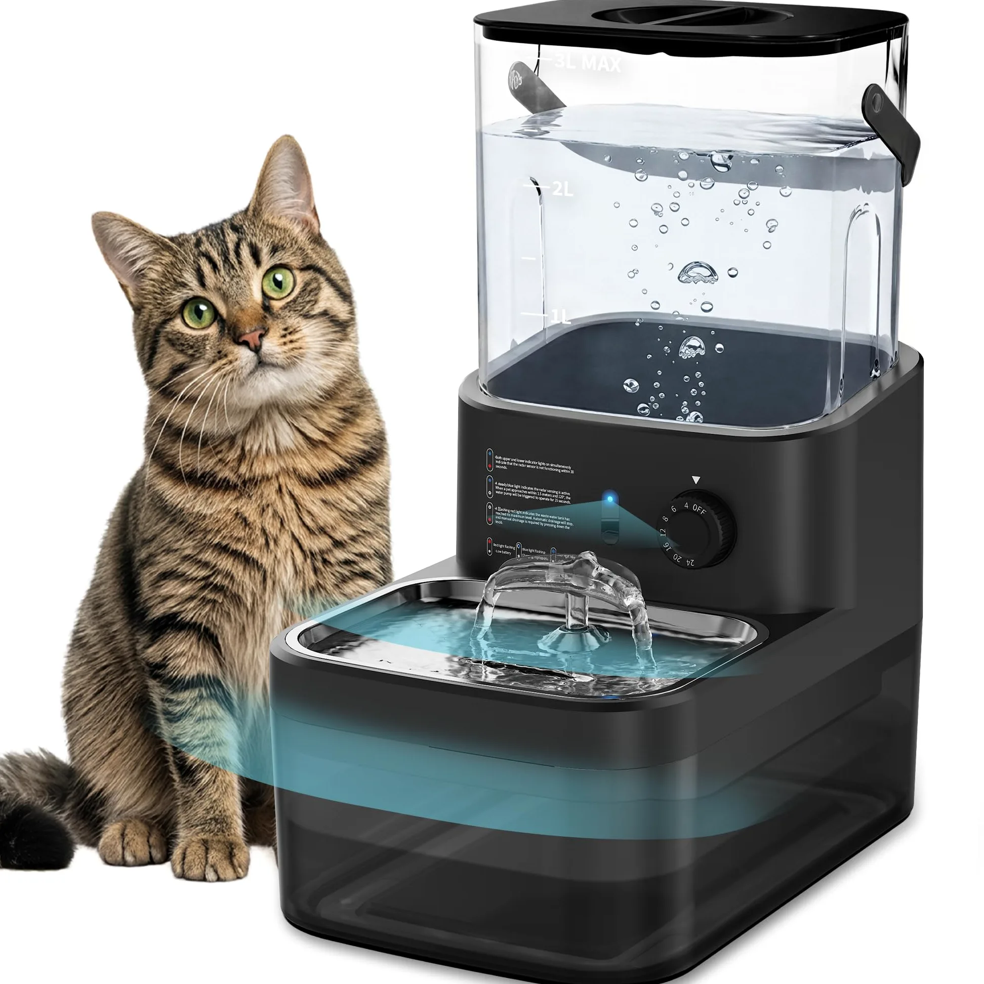 Fontaine a Eau pour Animaux sans Fil et sans Filtre | Séparation de l'Eau Propre et de l'Eau Usée, Bol en Acier Inoxydable, Batterie 4000mAh, Grande Capacité 3L, Noir