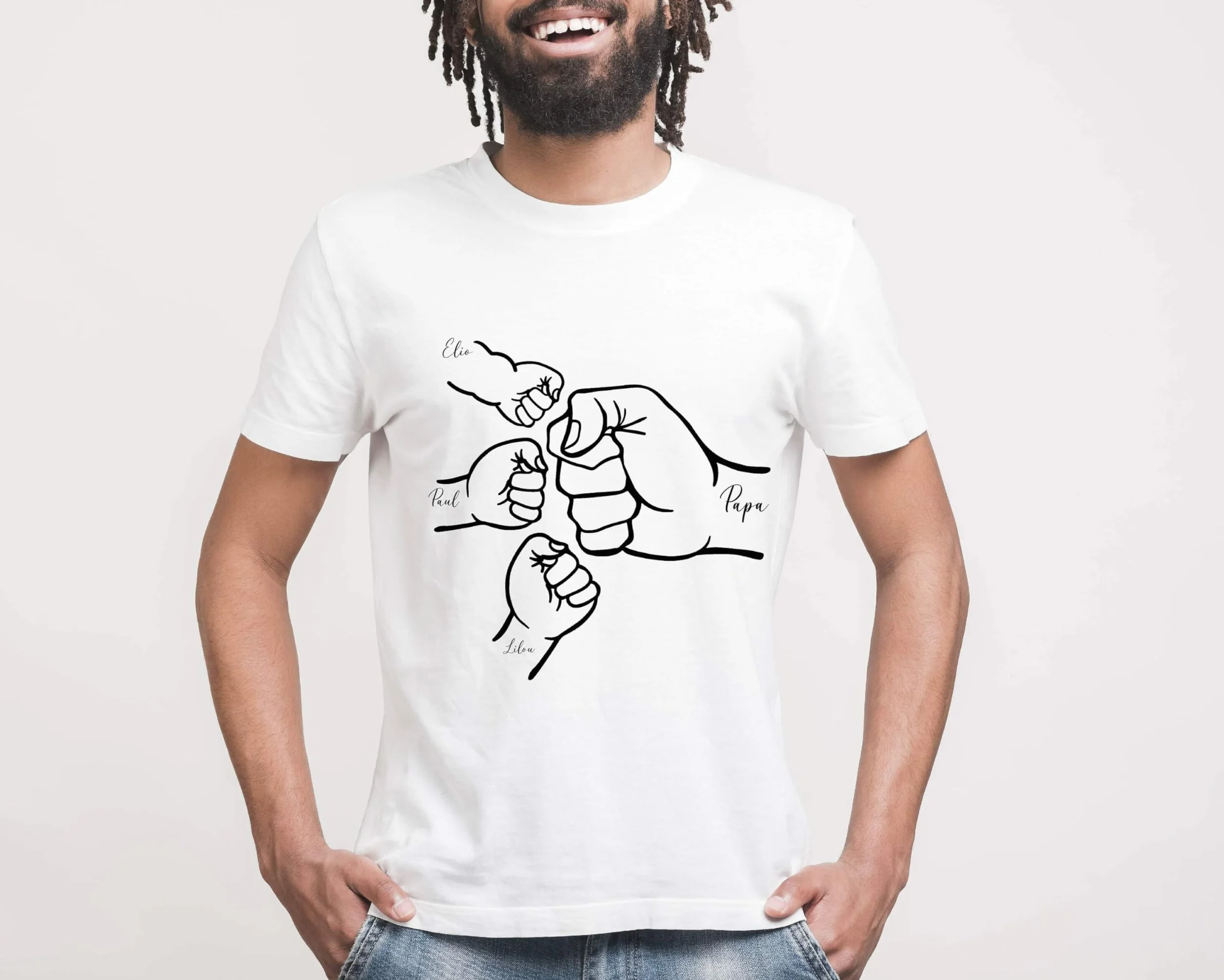 T-shirt Blanc Papa Poing Enfants Imprimés Personnalisé Prénoms Fête des Pères S M L XL XXL