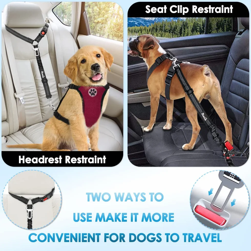 SlowTon Lot de 2 ceintures de sécurité pour chien pour voiture, réglables avec élastique amortisseur, laisse de voiture 2 en 1 pour animal domestique, attache de sécurité réfléchissante (noir,