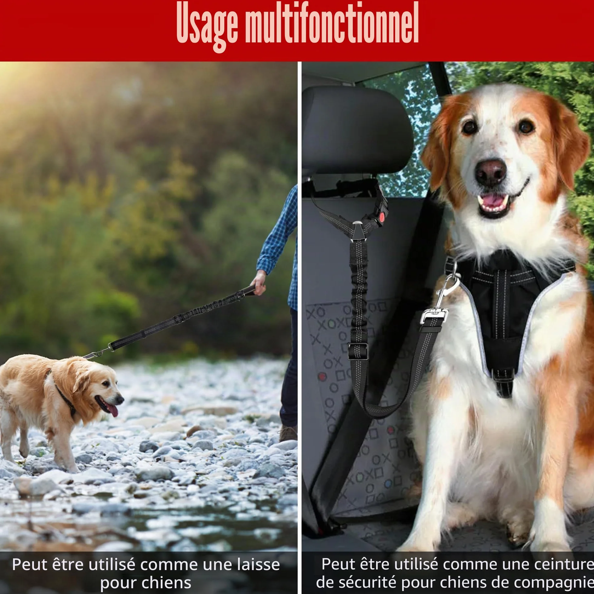 Ceinture Chien Voiture, Universel Harnais Voiture Réglable pour Chien & Chat avec Absorption des Chocs,Harnais Voiture pour Chiens,Ceinture de Sécurité pour Chien