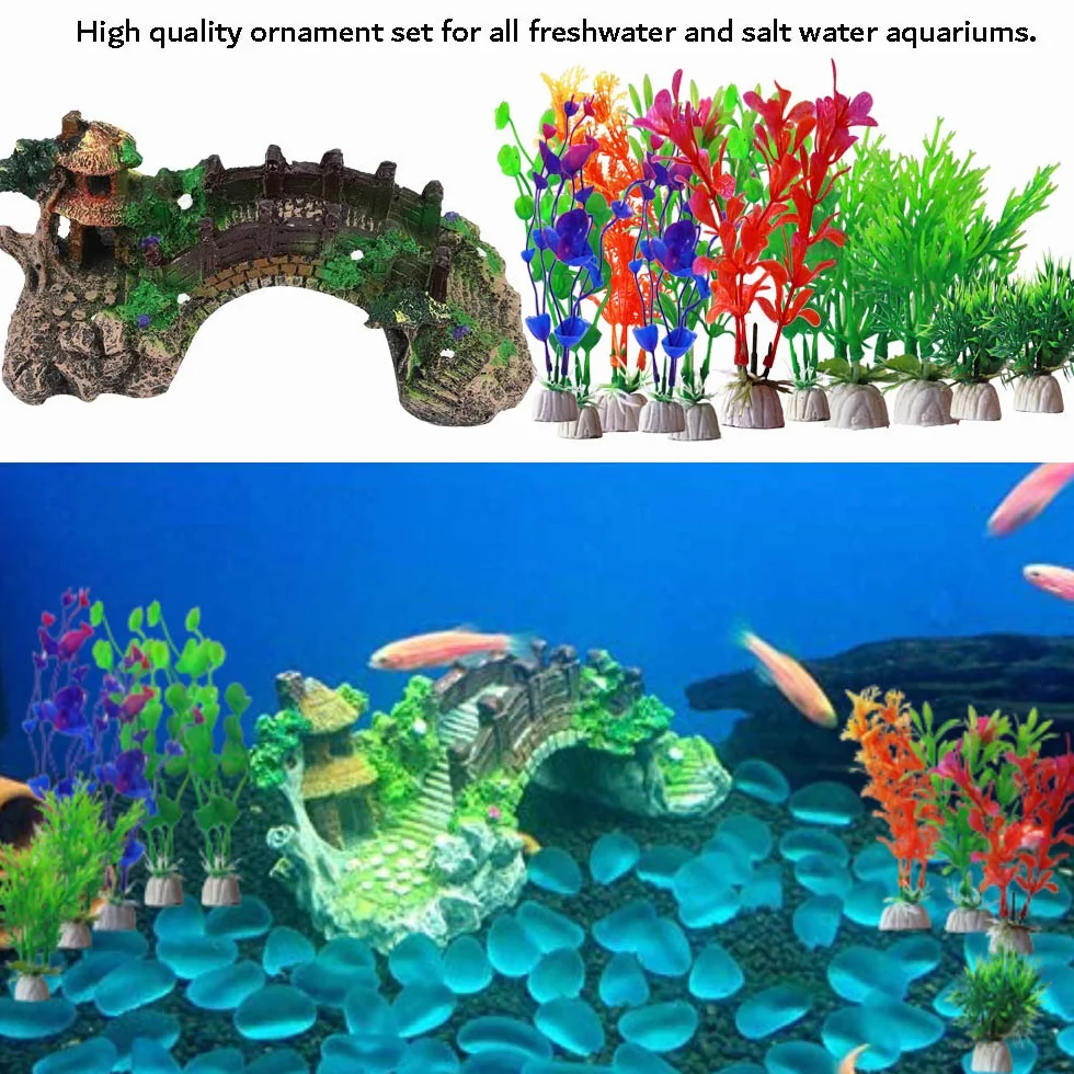 Décoration aquarium plantes résine pont arc lot 12 plastique pavillon décoratif