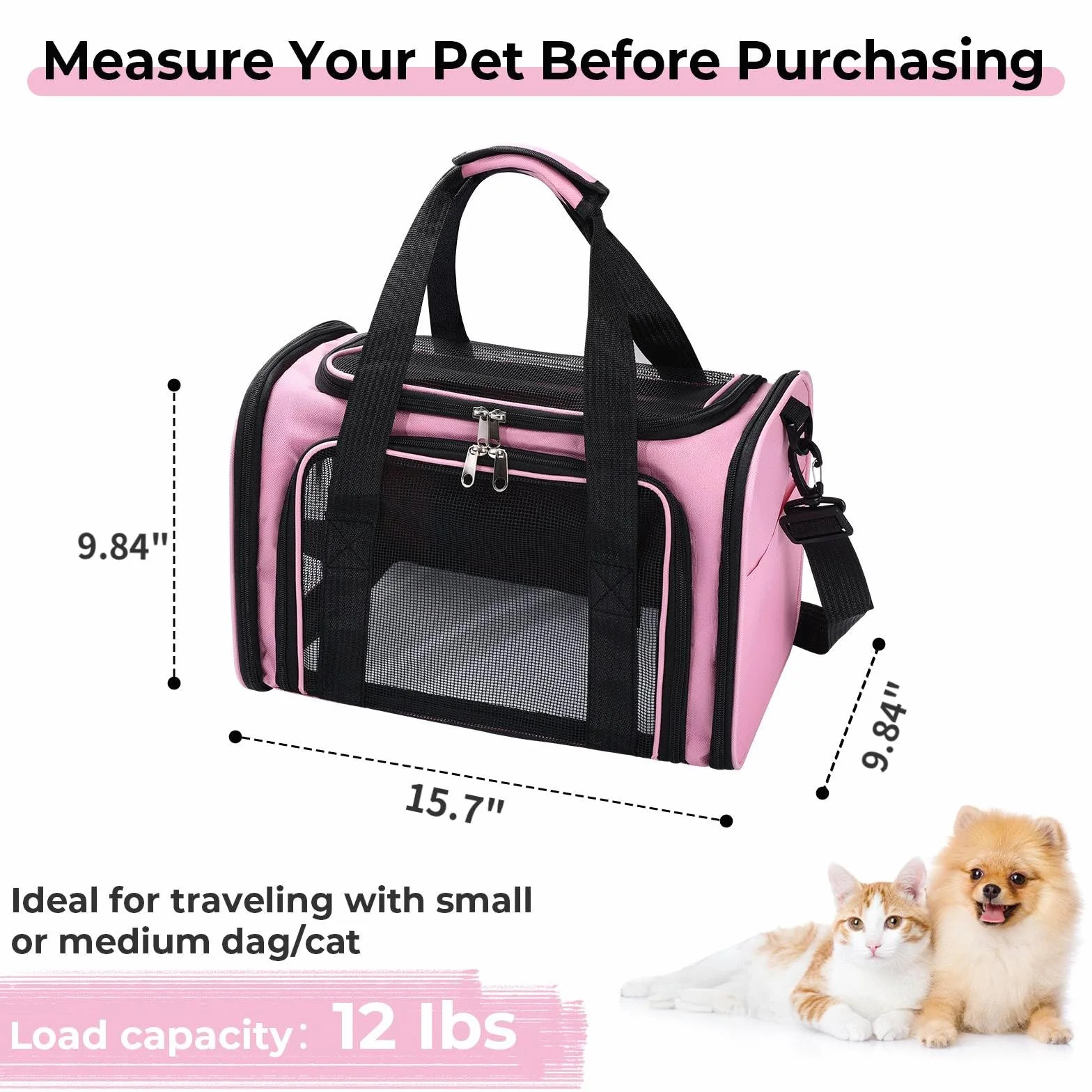 Sac de Transport pour Chat et Chien 5.5 kg Pliable avec Bandoulière Réglable et Matelas Souple Lavable Rose 40x25x25cm