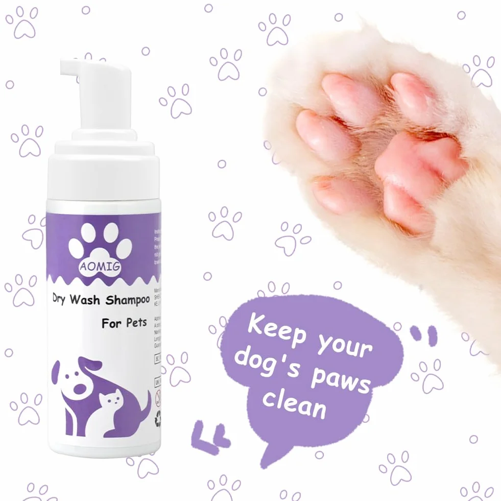 Aomig Shampoing Sec Chat Chien 150ml sans Rinçage Nettoyage Profondeur Poil Brillant Naturel
