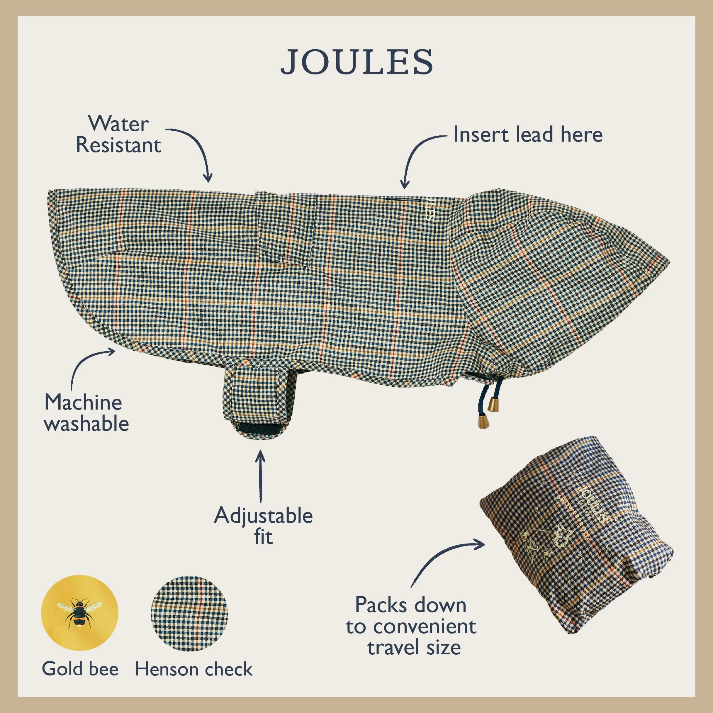 Rosewood Joules Henson Veste Pliable à Carreaux pour Chiens de Taille M, Lavable, légère et Portable, imperméable et imperméable pour Chiens de Taille Moyenne