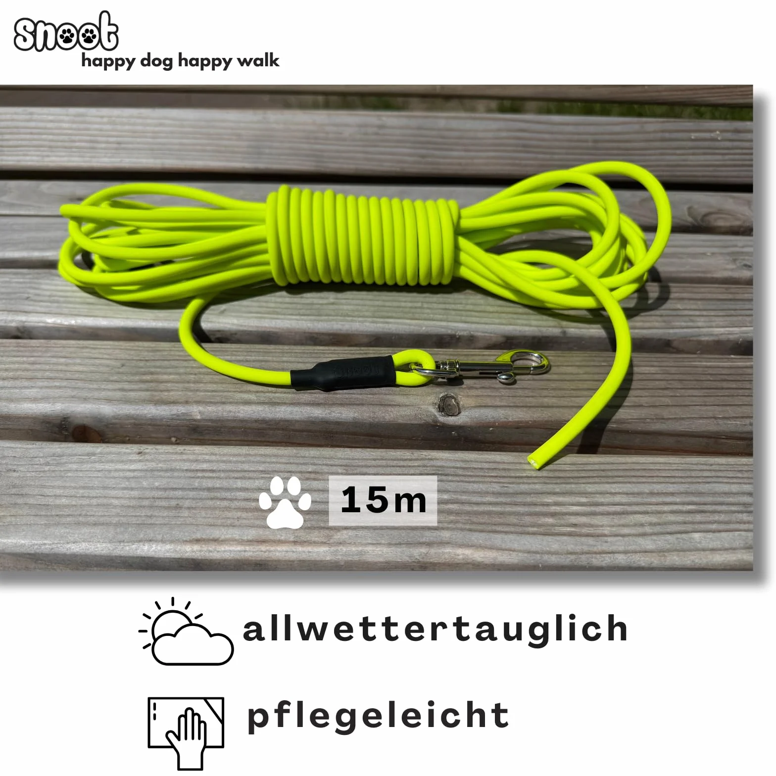 Laisse pour chien de 15 m - Étanche - Ronde - Sans boucle - Laisse d'entraînement sûre - Jaune fluo - Jusqu'à 35 kg