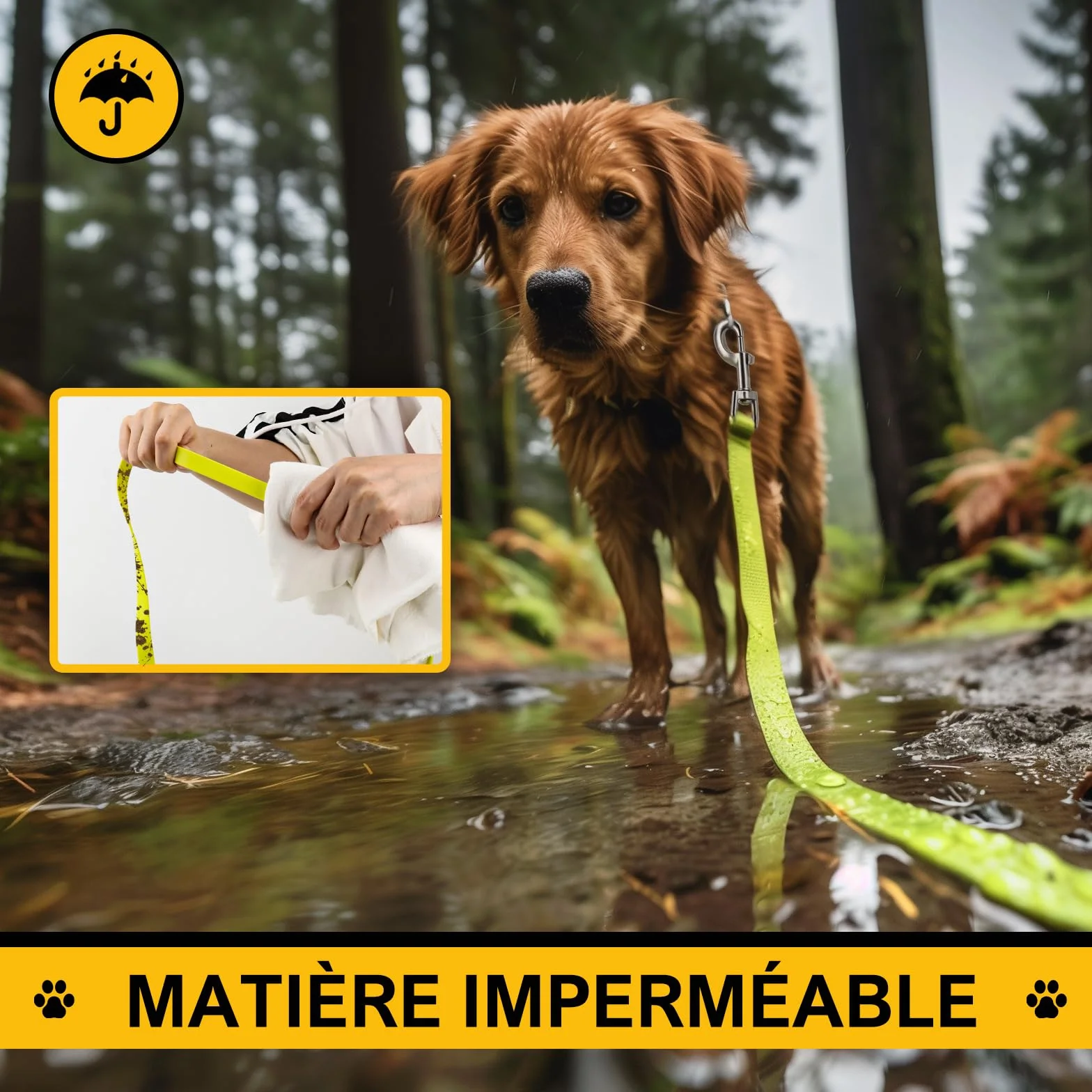 Longe pour Chien 15m avec Deux Poignées, Laisse de Dressage Solide, Sac de Rangement, Jaune-Vert