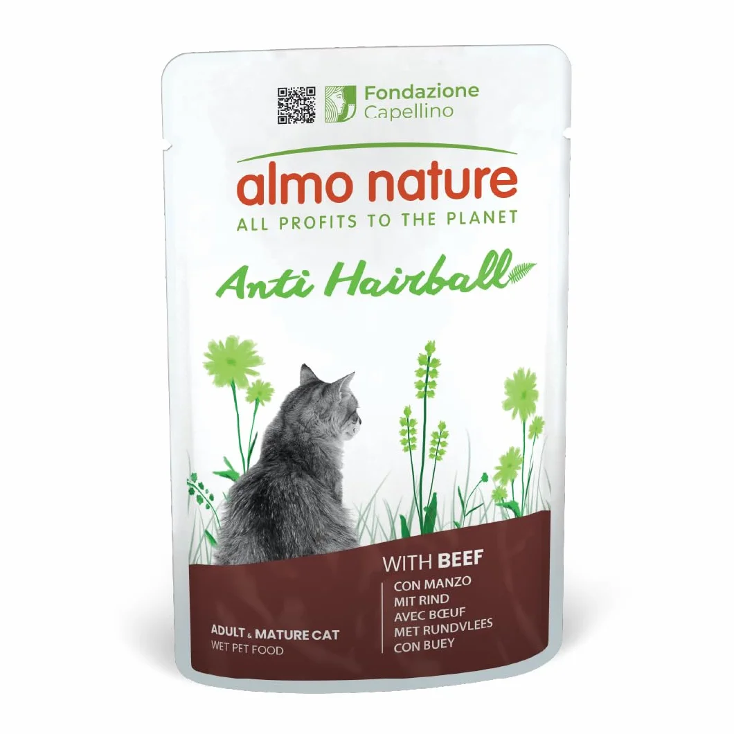 Almo Nature Functional Anti Hairball Nourriture Humide pour Chats Adultes Bœuf Poulet 70g Lot de 6