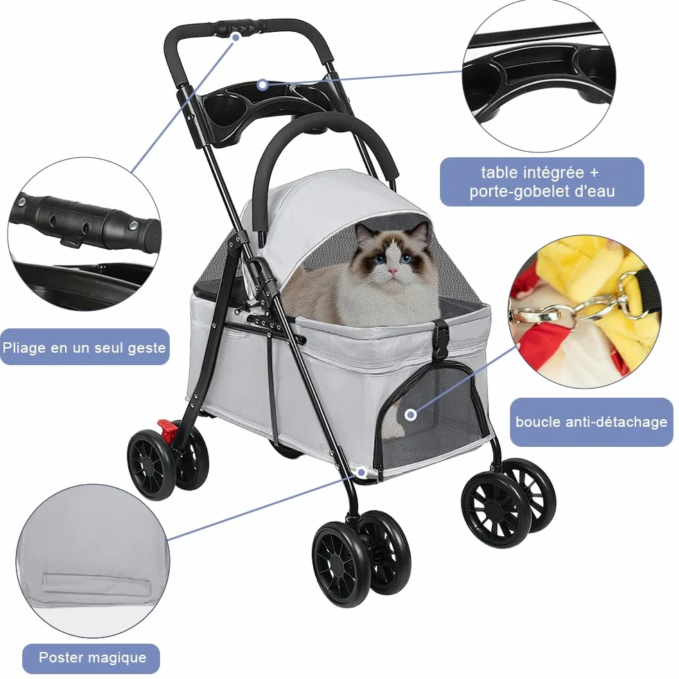 Poussette Chien 3-en-1 Pliable pour Petit Chien Chat jusqu'à 25 kg Roues 360° Résistant à l'Usure