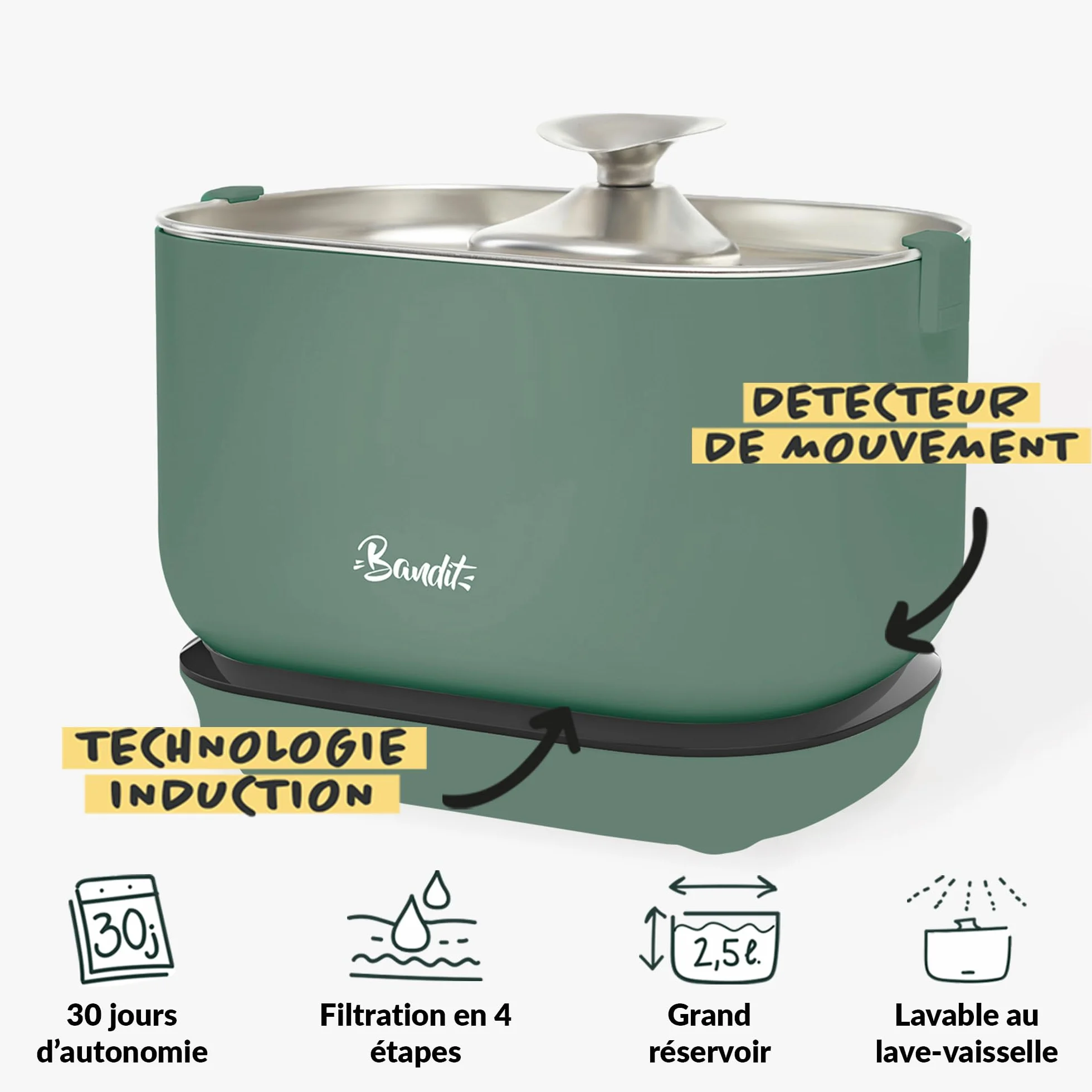 Fontaine à Eau sans Fil pour Chat 2,5L Acier Inoxydable Ultra silencieuse 30dB Détecteur de Mouvement Intelligent