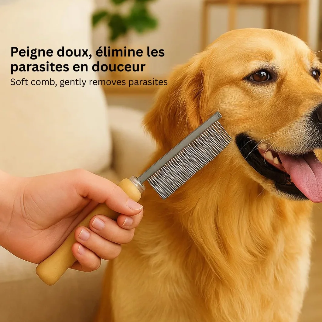 Peigne Anti-Puces avec Manche en Bois pour Chien et Chat – 16,7 cm