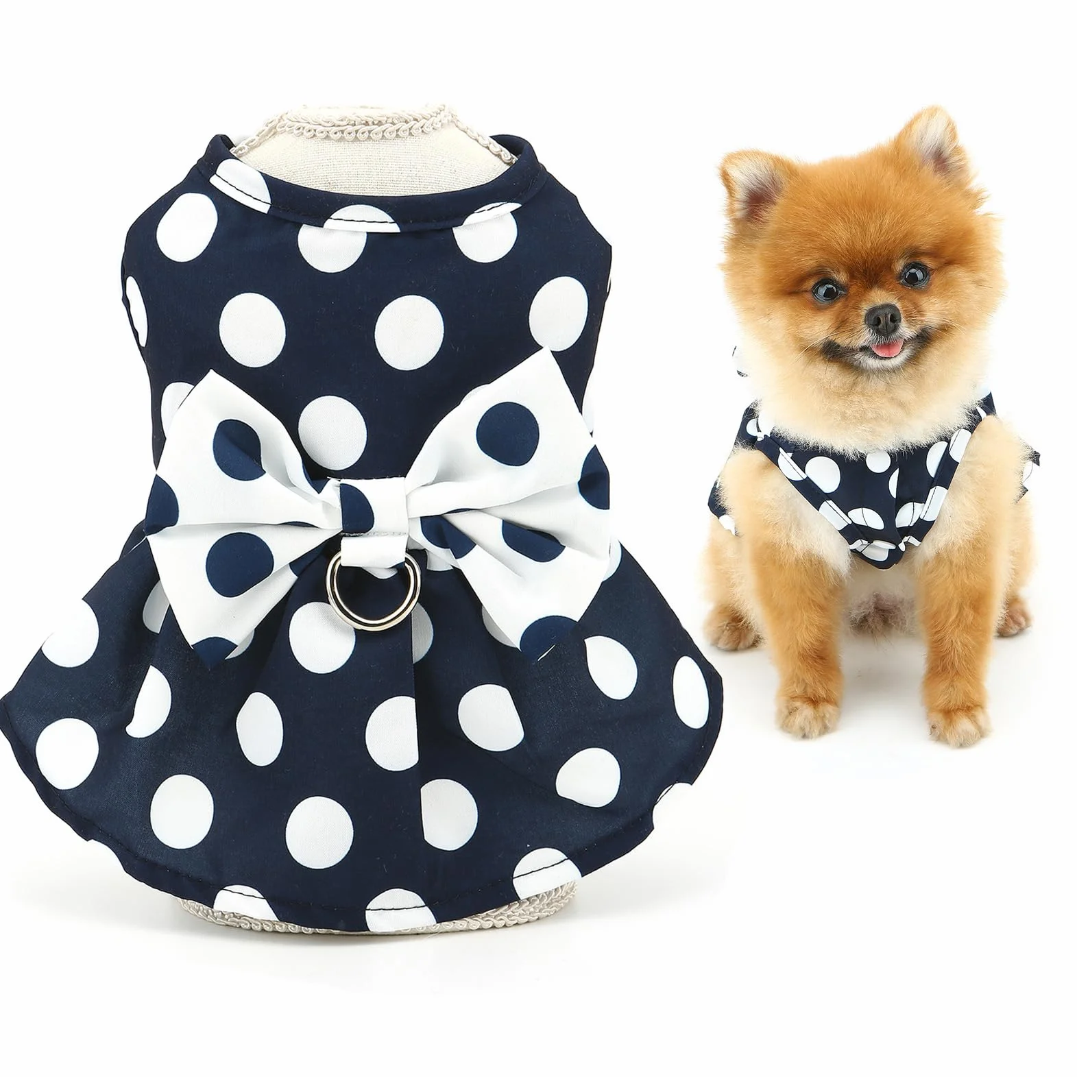 Robe harnais à pois pour petit chien et fille avec anneau en D et nœud – Vêtement respirant pour chihuahua, yorkshire, chat