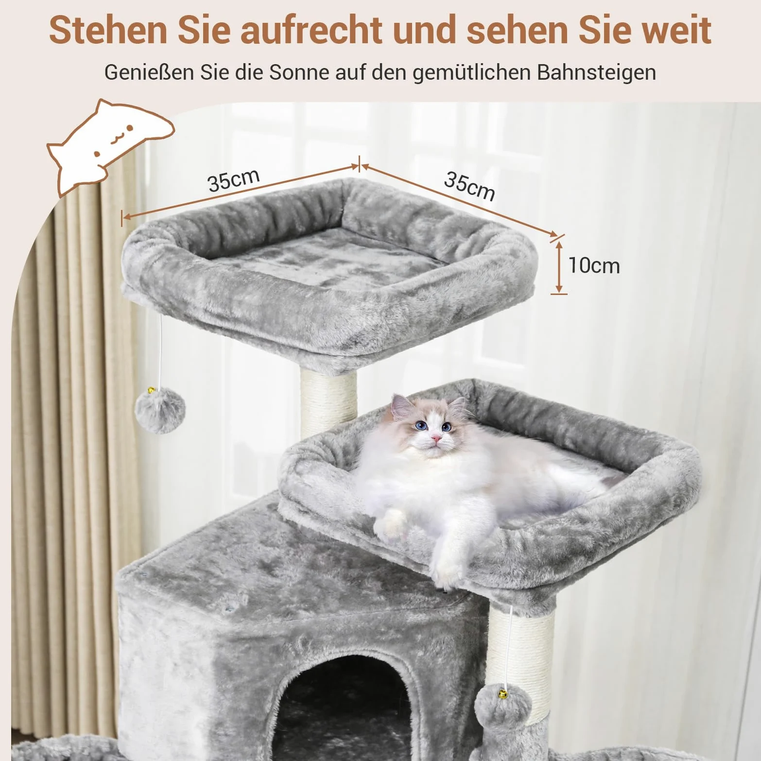 MSmask Arbre à Chat Stable de 180 cm, Tour de Jeux Chats avec 5 Poteaux en Sisal, 2 Grandes Plate-Formes, 2 Niches, 2 Paniers, Hamac, Centre d’Activités Multiniveau en Peluche, Gris Clair