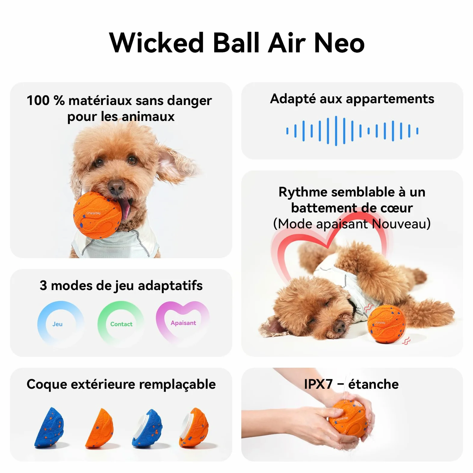 Cheerble Wicked Ball Air Neo – Le Ballon interactif Qui Calme Votre Chien avec Mode apaisant imitant Les battements de cœur, Auto-Rotatif, E-TPU, IPX7 étanche, pour Petites et Grandes Races, Orange