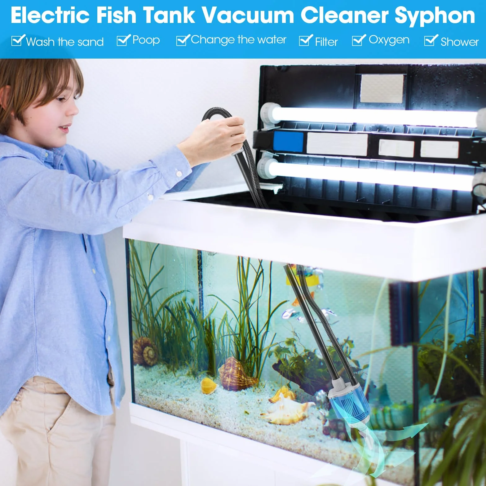 Aspirateur Electrique pour Aquarium 6 en 1 Kit Nettoyage de Gravier Changeur d'eau Laveur de Sable