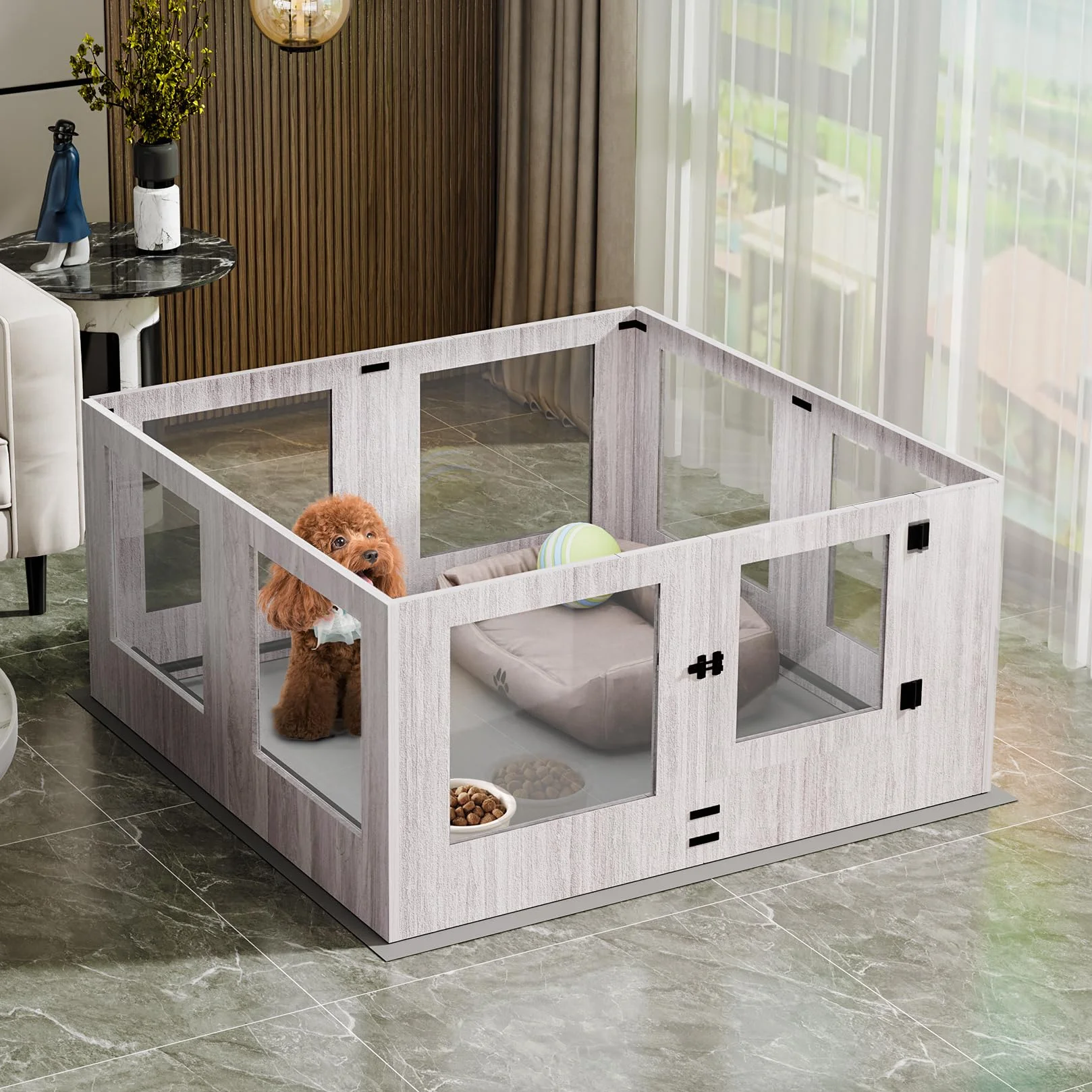 BingoPaw Parc pour Chien Intérieur Carré Enclos Grand avec Porte Verre Trempé Tapis 120x118.6x60cm