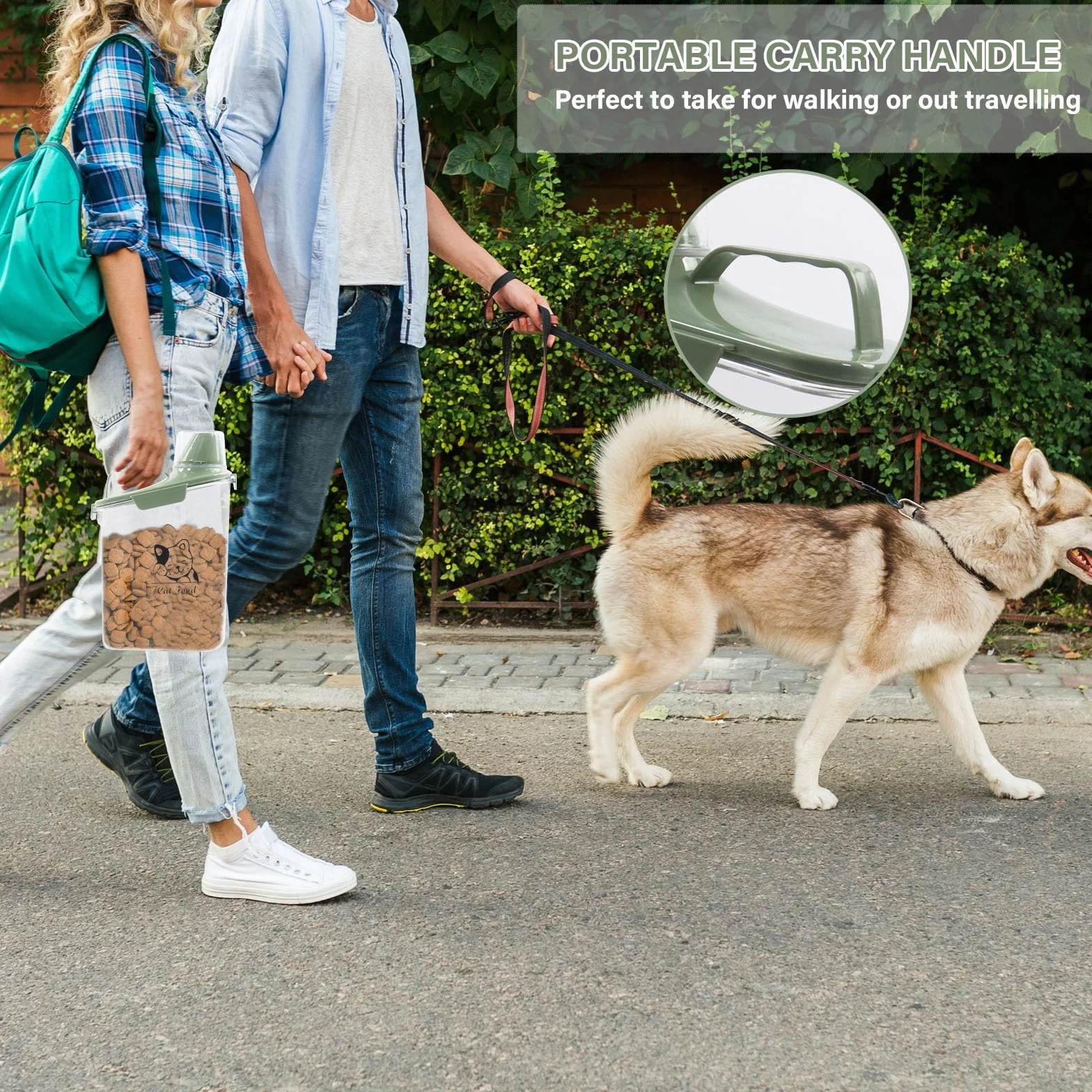 Boîte de rangement nourriture chat 2,8 l transparente avec gobelet doseur et bec verseur, Vert