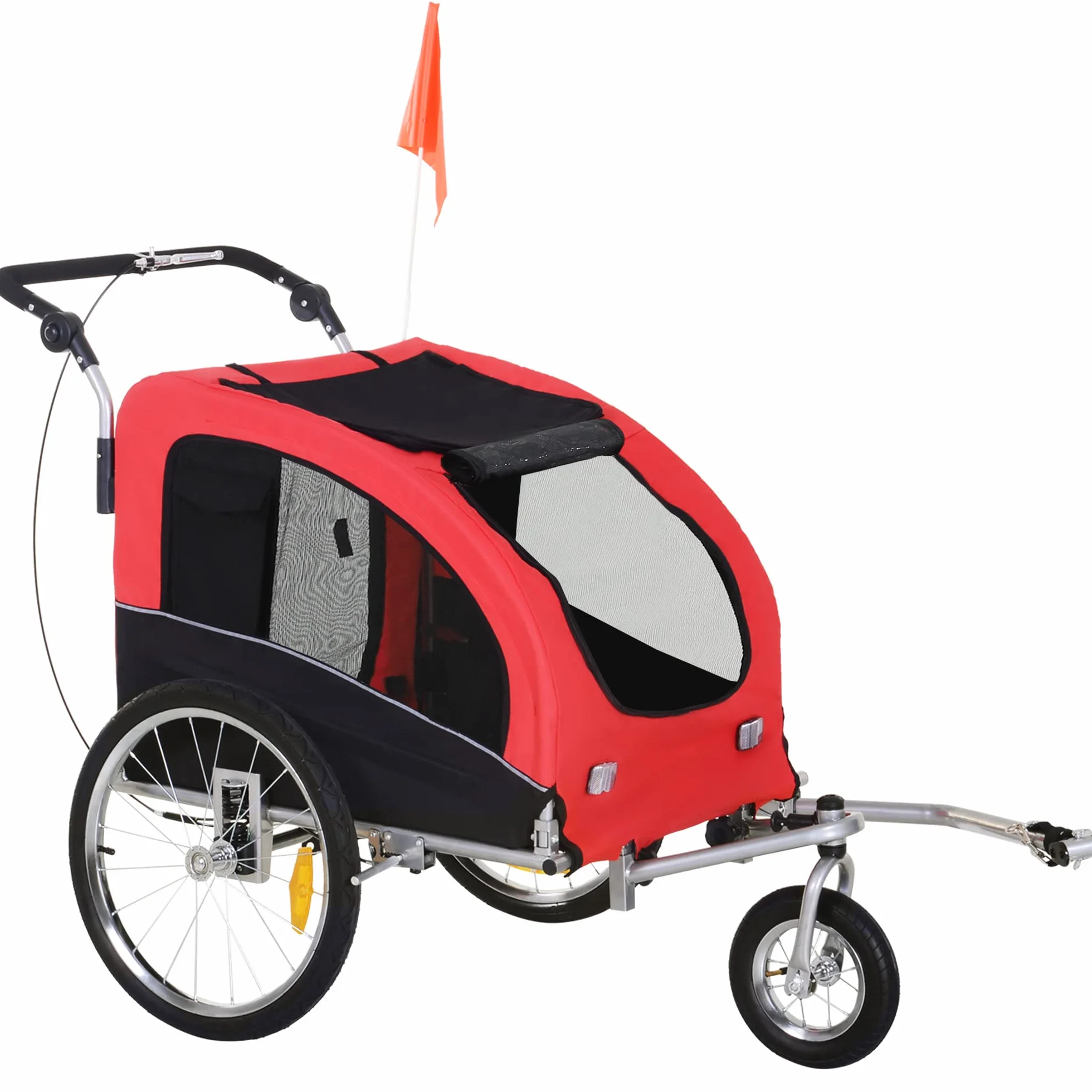 HOMCOM Remorque vélo Jogger 2 en 1 pour Animaux, Roue Avant pivotante, Réflecteurs, Barre d'attelage, Rouge Noir