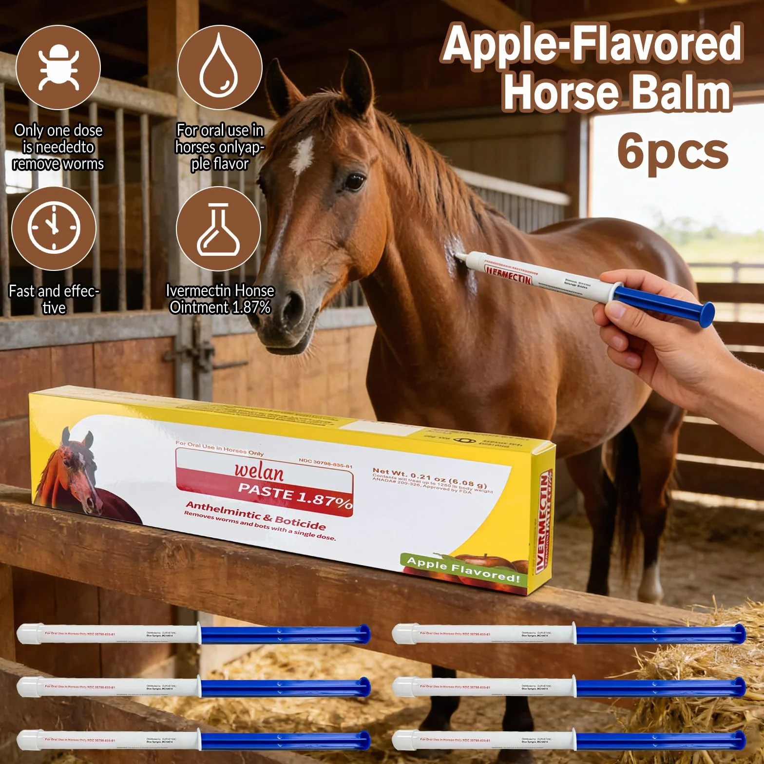 Lot de 6 gels pour chevaux 1,87 % saveur de pomme pour chevaux jusqu'à 567 kg
