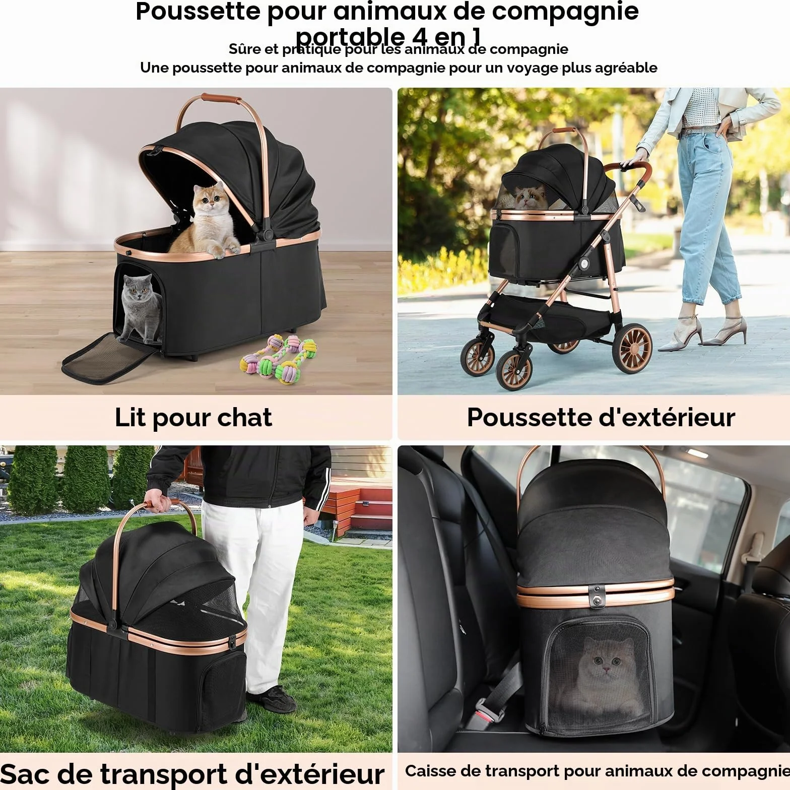 Poussette pour Chien 4 en 1 MAMIZO, Pliable jusqu'à 25 kg, Sac de Transport Pliable, Roues Caoutchouc 360° avec Suspension, Tout Terrain Noir