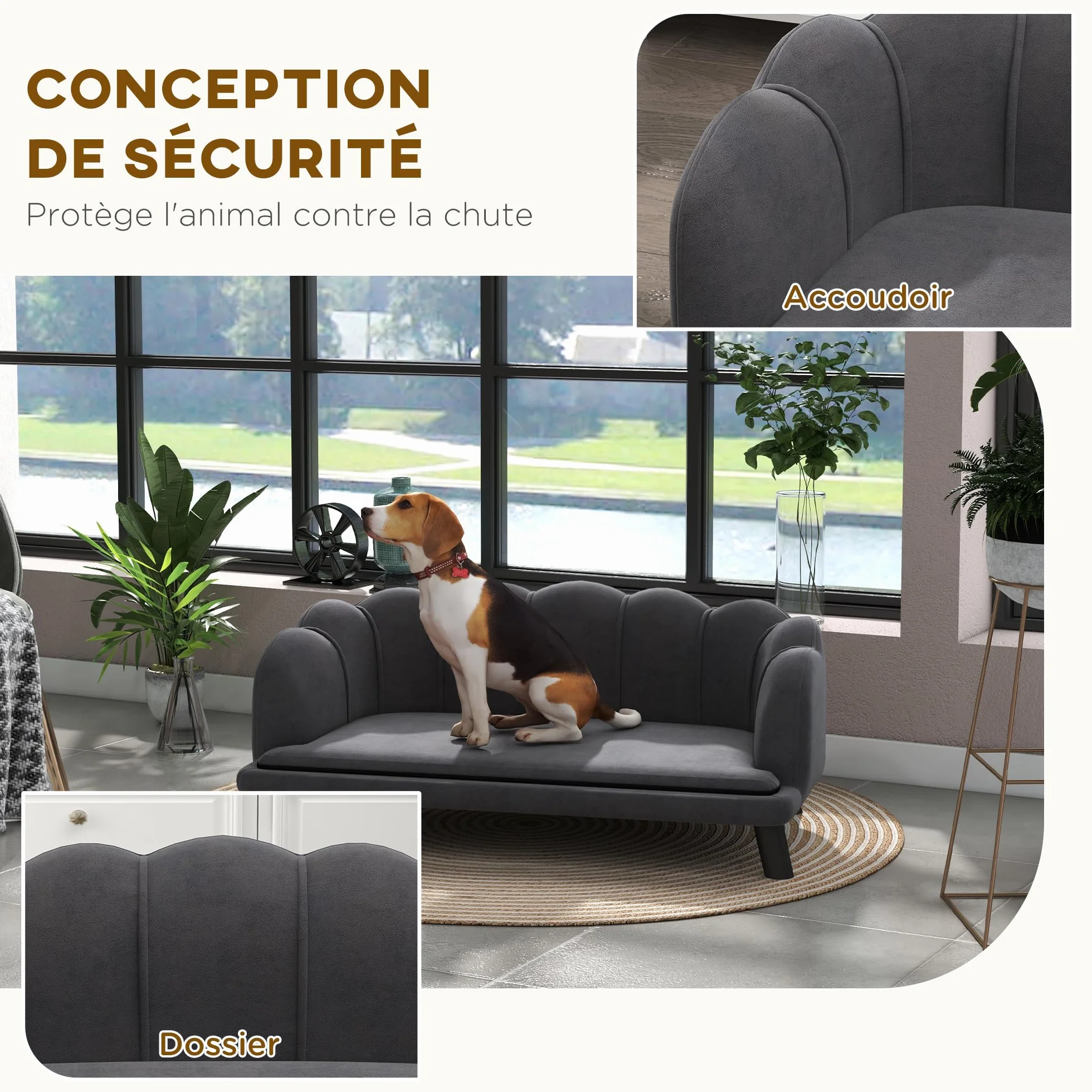 PawHut Canapé Chien lit Velours Gris 98L x 60l x 35H cm