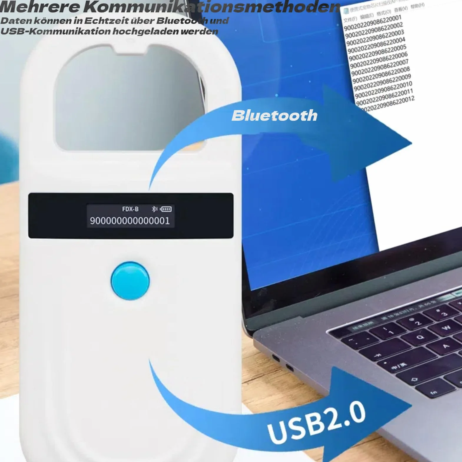 Akozon Scanner de Puces pour Animaux de Compagnie, Lecteur de Reconnaissance d'affichage Haute luminosité, Lecteur 3,7 V, pour Chiens, Chevaux, Chats, Cochons, étiquettes