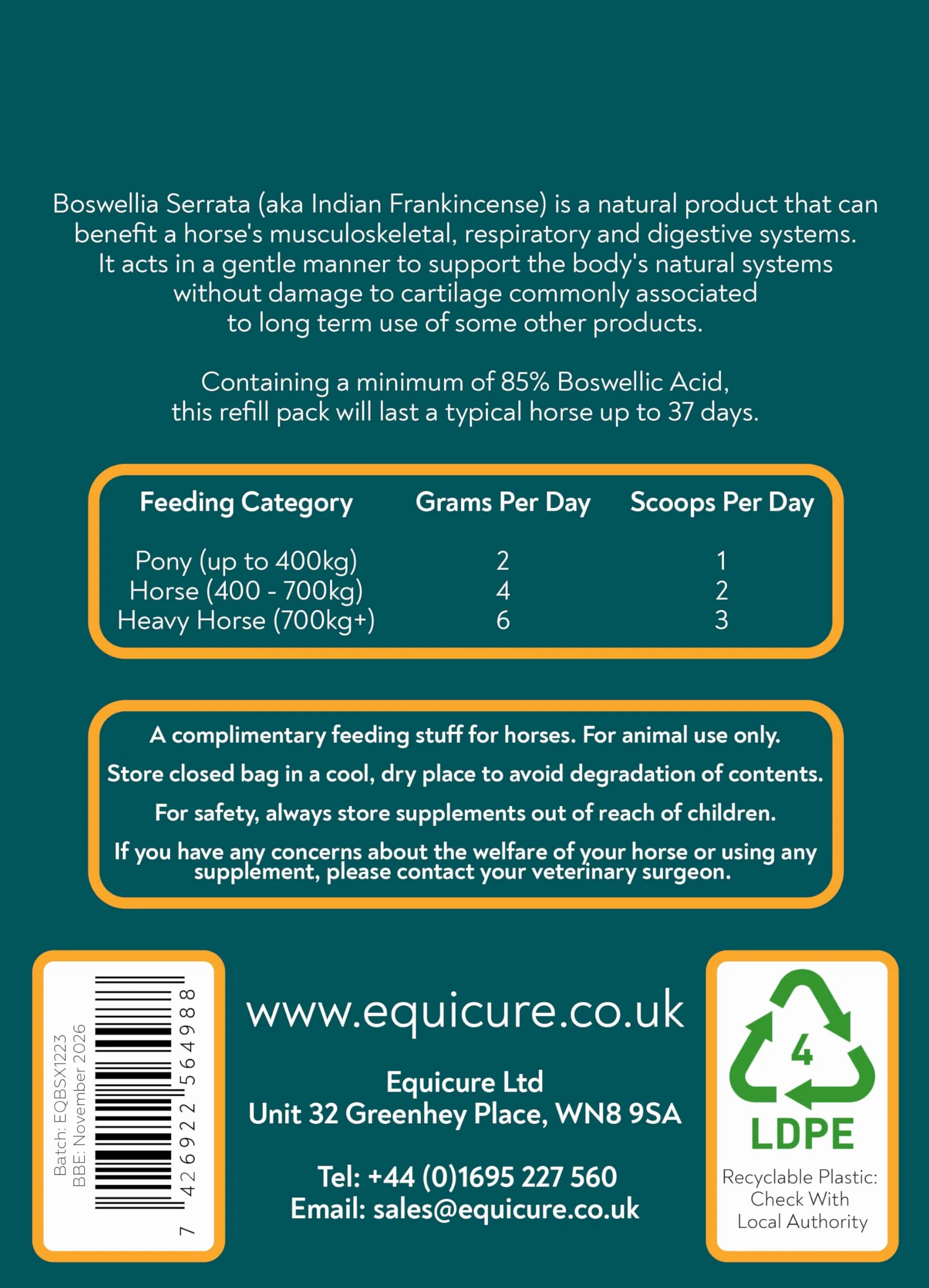 Boswellia Serrata Poudre concentrée cheval poney recharge 150 g
